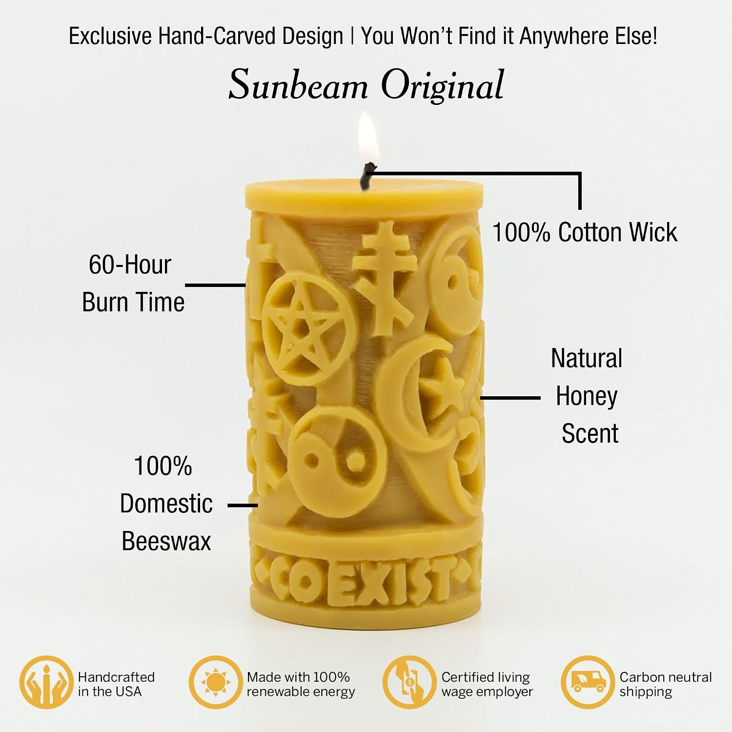 Sunbeam Candles Coexist in Peace 100% Beeswax Candle Pillar | Long Burning Candles 60 Hours | Religious Symbol Peace Candle | Made in USA