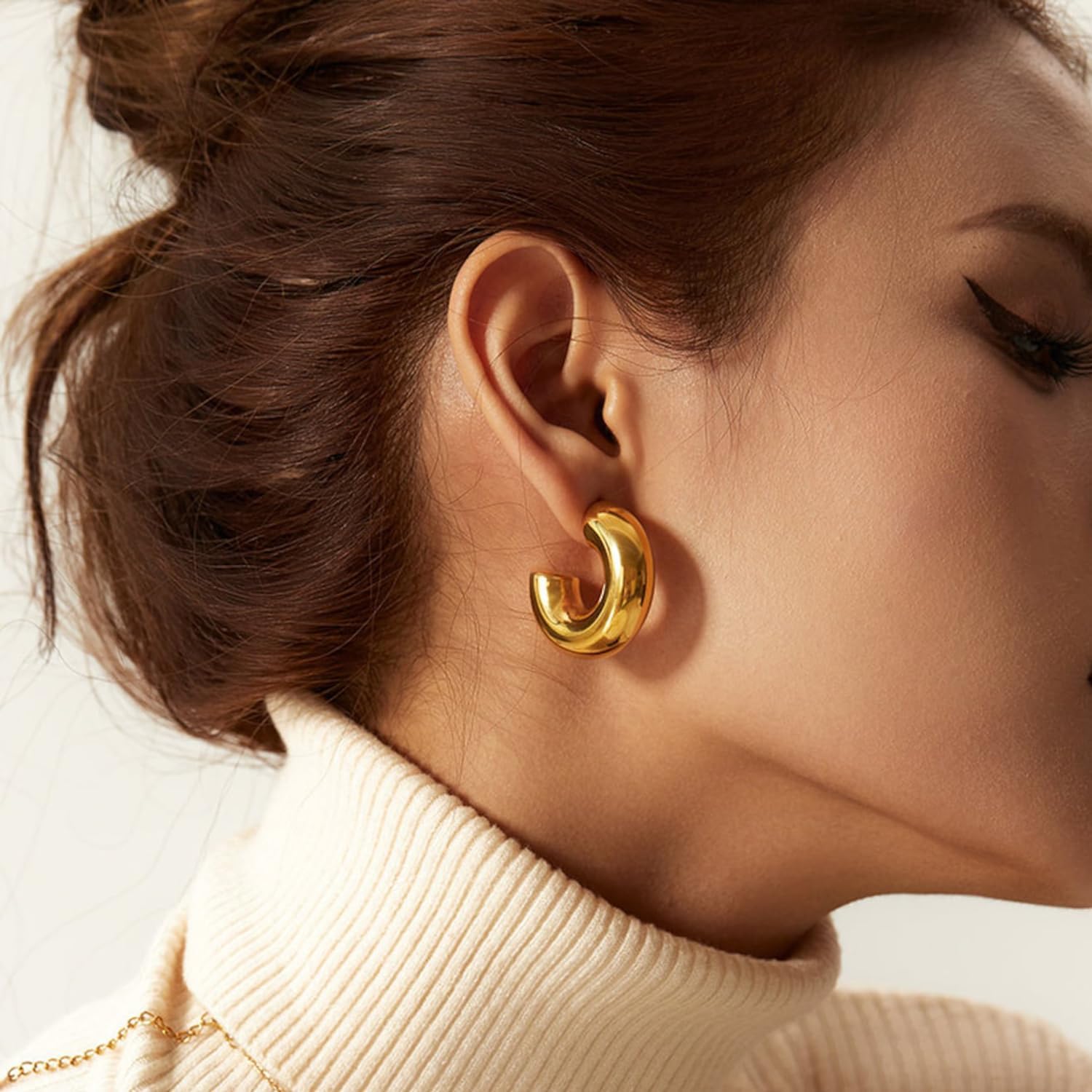 Chunky Gold Hoop Earrings for Women, Chunky 14K Gold Plated Thick Hoop Earrings Hypoallergenic Lightweight Trendy Waterdrop Teardrop Twisted Earrings Triple Hoops Jewelry Gift Prom Valentine