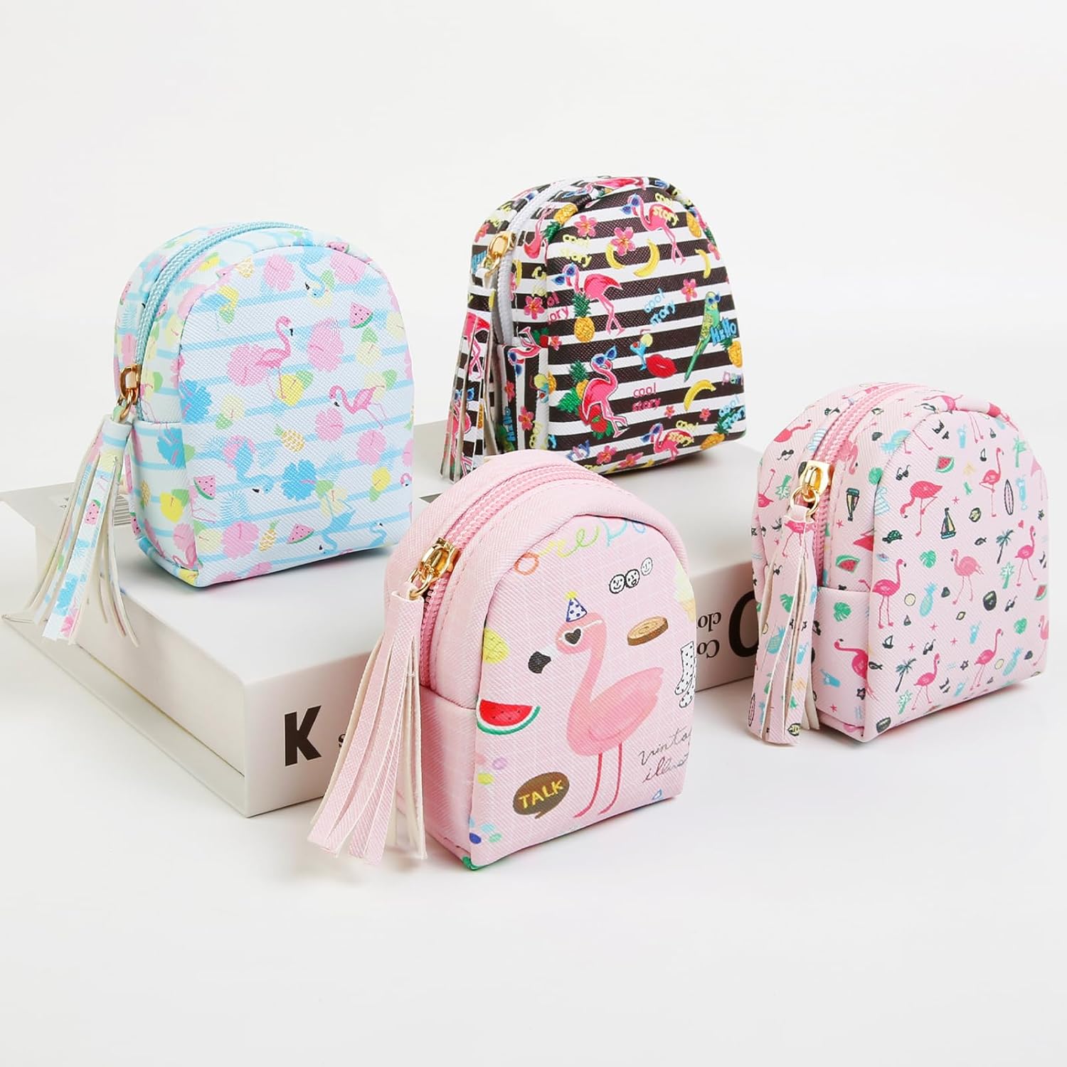 4Pcs Mini Backpack Keychain,Cute Cosmetic Bag for Women,PU Leather Makeup Bag Key Pocket Lipstick Bag Card Holder Data Cable Organizer Zipper Pouch (Flamingo gifts) - Image 4