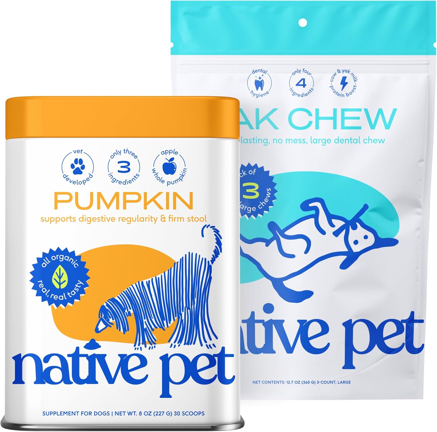 Native Pet Yak Chews for Dogs (3 Large Chews) & Organic Pumpkin for Dogs (8 oz.) - All-Natural, Organic Fiber Pumpkin Powder and All Natural Dental Chews for Dogs Made with Yak Cheese