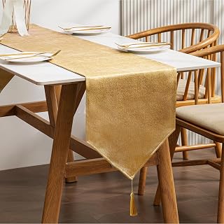 BALCONY & FALCON Table Runner Faux Linen with Tassel Shimmer Gold 14"x71" | Water Resistant, Washable, Farmhouse, Dining, Fall Decor, Thanksgiving, Christmas, Party, Outdoor, Bed Runner, Dresser Scarf