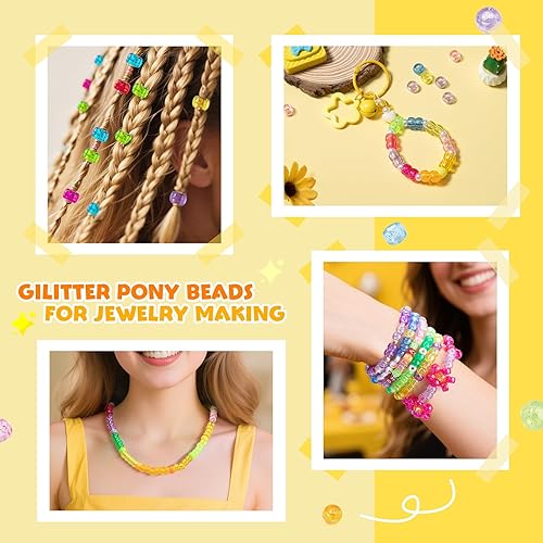 Miniatura 4 de 1200 cuentas de poni de plástico transparente con purpurina de 0.236 x 0.394 pulgadas, cuentas transparentes con purpurina brillante, 10 colores