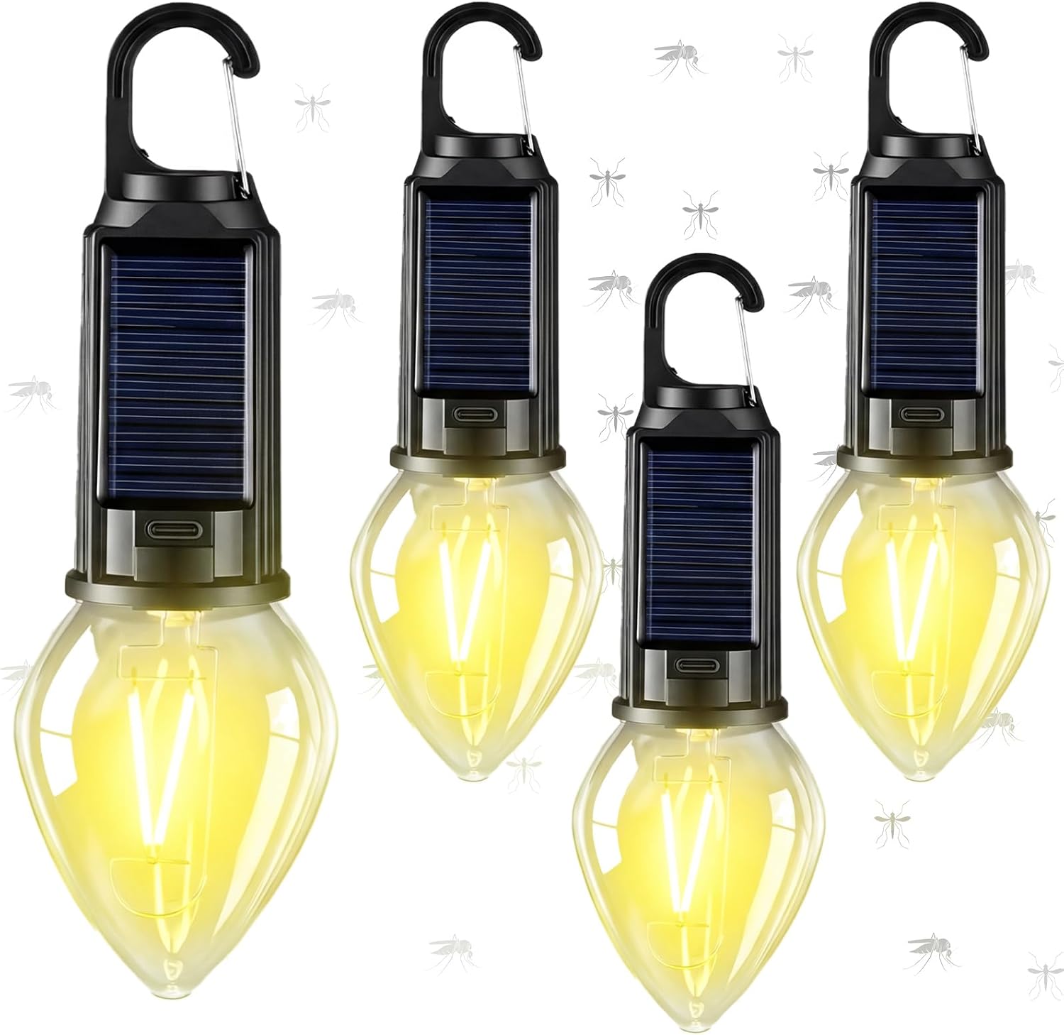 4 Pcs Solar Mosquito Repellent Camping Lantern with Yellow Light, Mosquito-reducing Rechargeable LED Bulb, 3 Different Modes, Portable Hanging Tent Light with Hook for Camping Hiking(T03)