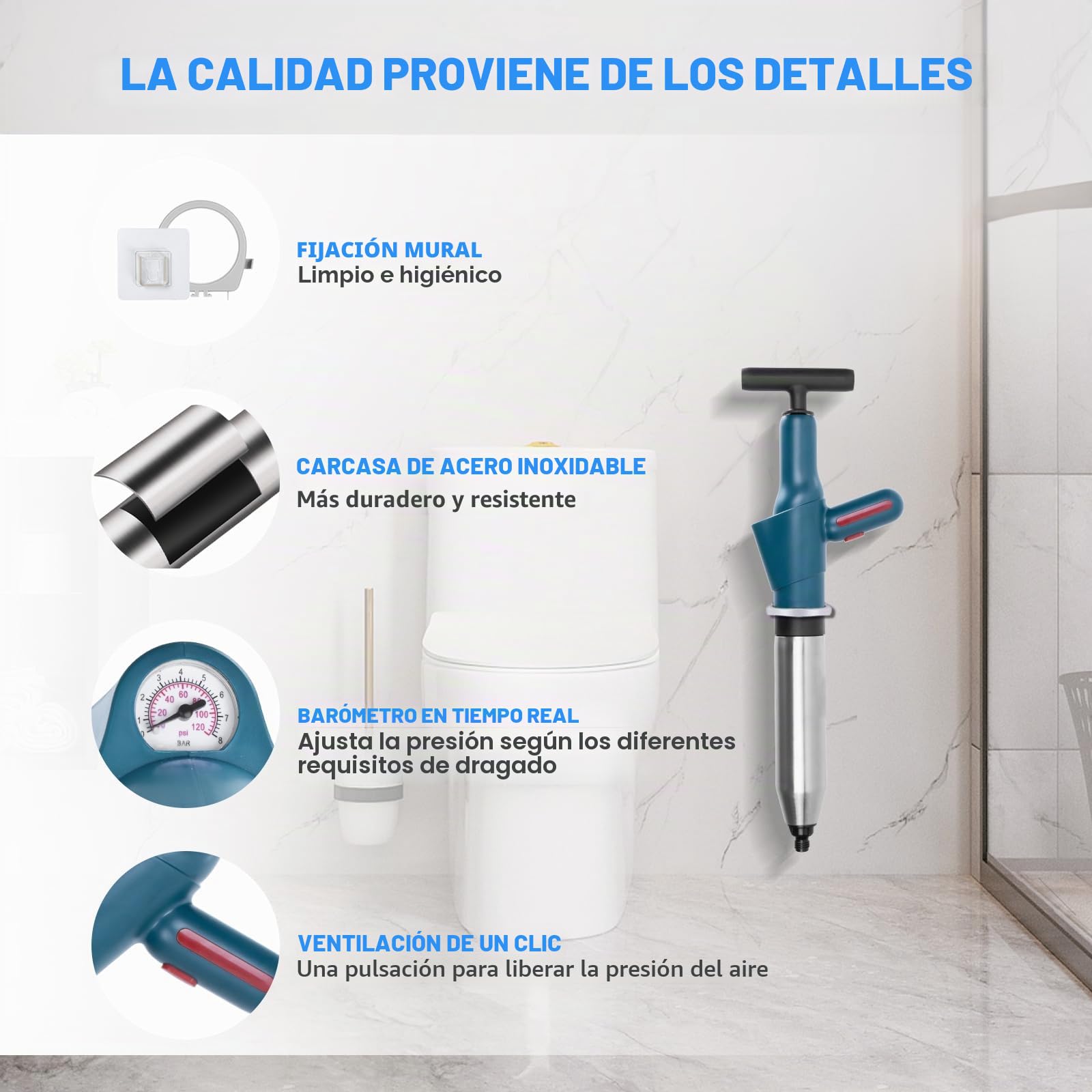 Desatascador tuberías profesional, destapador de cañerías con manómetro visible Bomba de Aire Comprimido,4 boquillas de caucho y alambre para tuberías, apto para WC, lavabos y fontanería del hogar