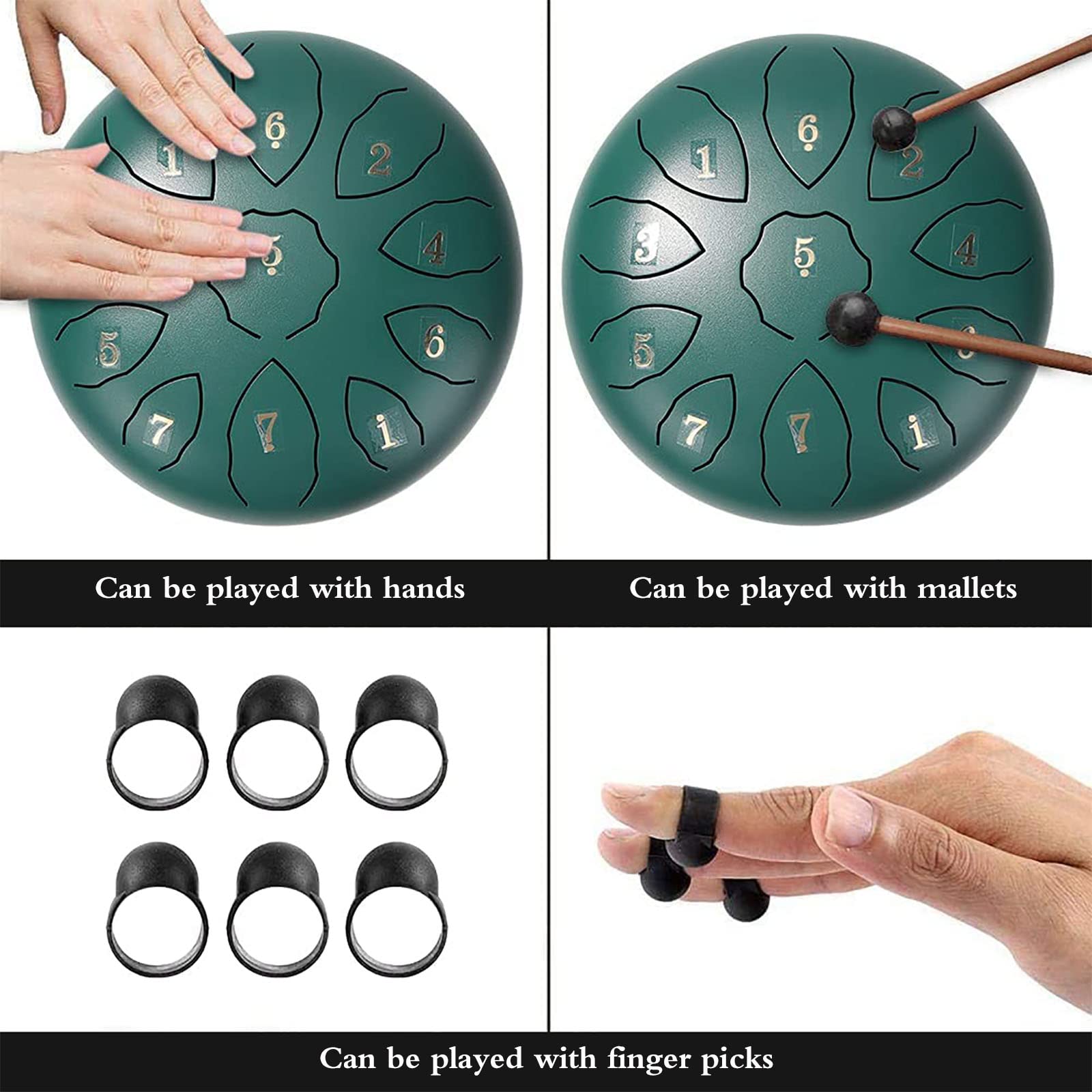 6-calowy Bęben Balsamiczny 11 Tonów Mini Stalowy Bęben Językowy Instrument Perkusyjny Bębny Ręczne Zestaw Instrumentów Do Muzycznej Medytacji Edukacja Koncert Joga Początkujący Dorosłe Dzieci,Green