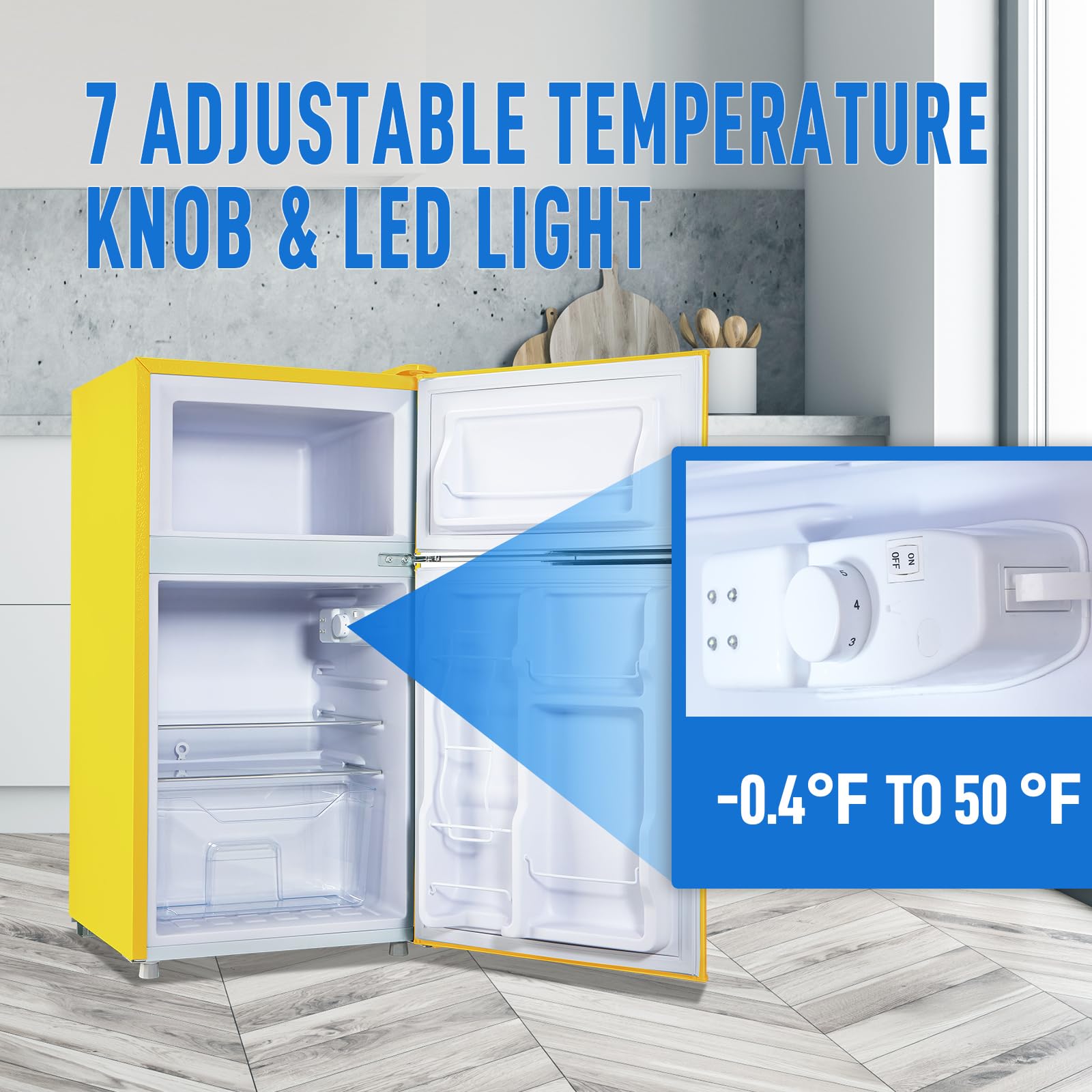 WANAI 2 Door 2 Handle Mini Refrigerator with Freezer-on-top, Spacious 3.5 Cubic Feet Capacity Small Fridge with 7-Level Adjustable Thermostat & 2 Removable Shelves Yellow on Fridge.com
