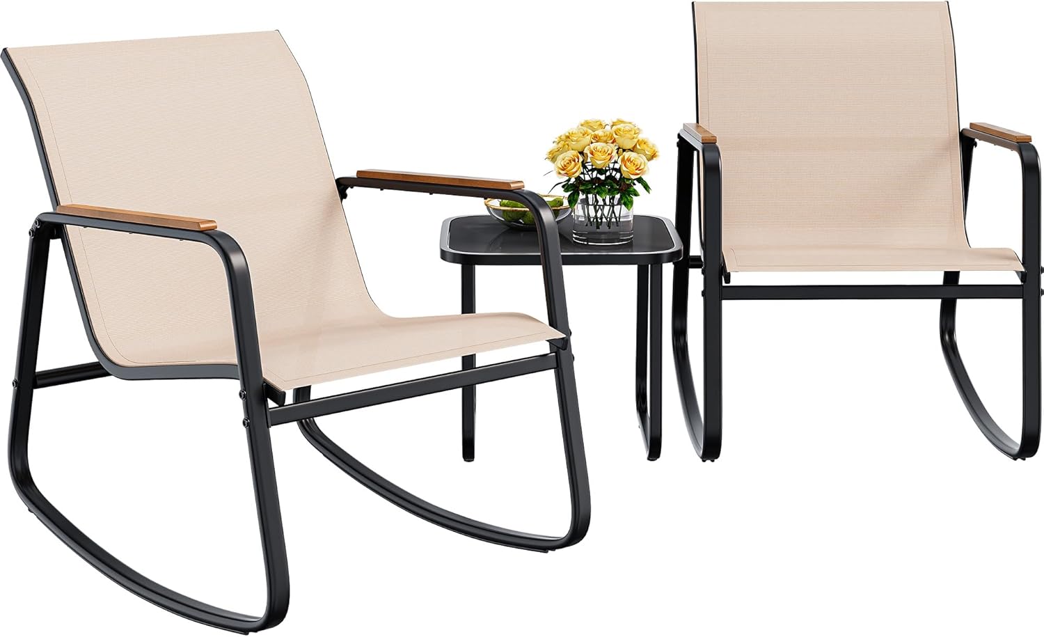 YITAHOME 3 Piece Rocking Bistro Set, Outdoor Patio Furniture Set with Wooden Armrests, Porch Chairs Set with Glass Table for Lawn, Garden, Balcony, Poolside, Beige