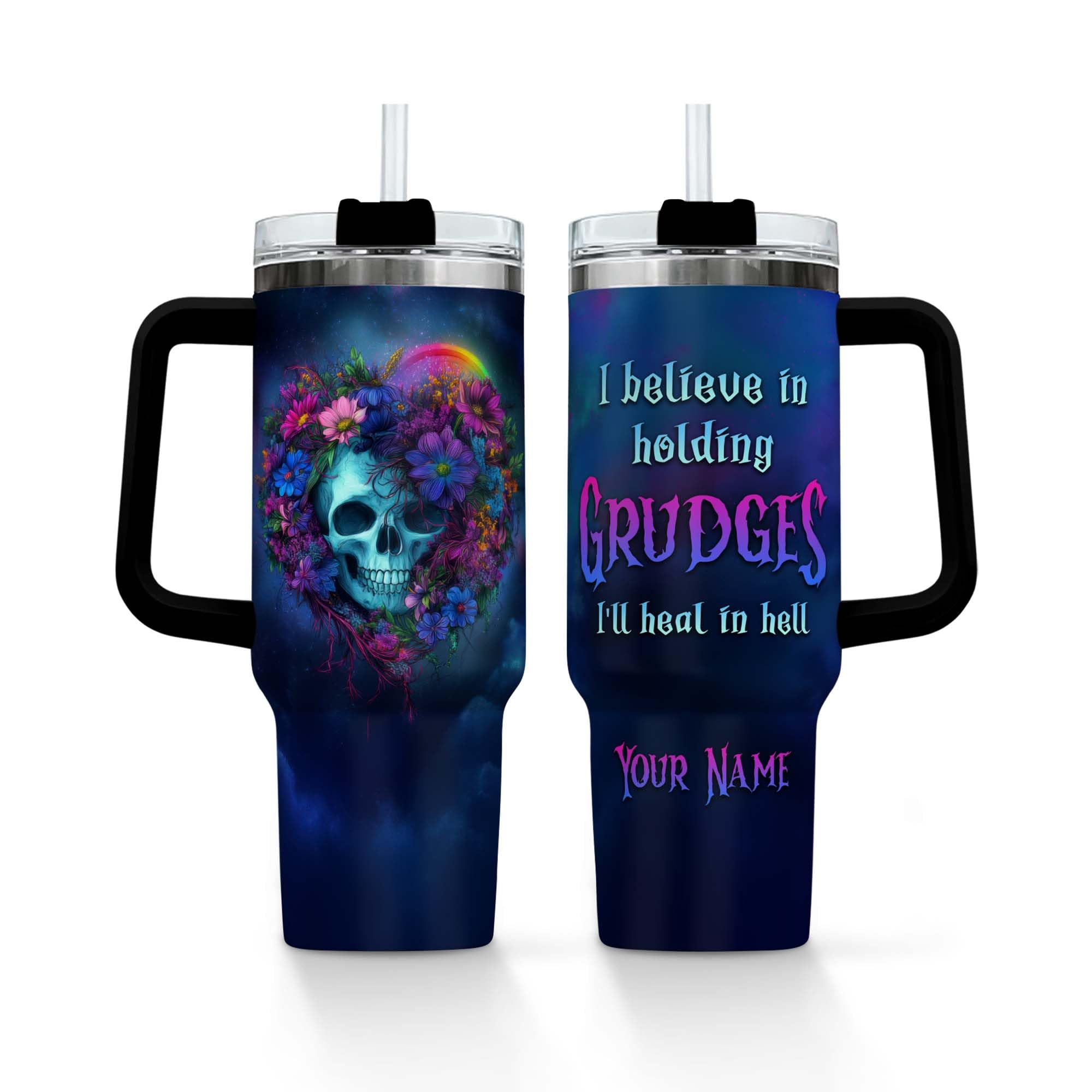 Halloween Skull 40oz Tumbler with Straw and Lid, Travel Coffee Tumbler Cup with Handle for Halloween Trick or Treat Birthday Party Gifts, Gift for Men Women, Funny Gothic Tumblers Stuff