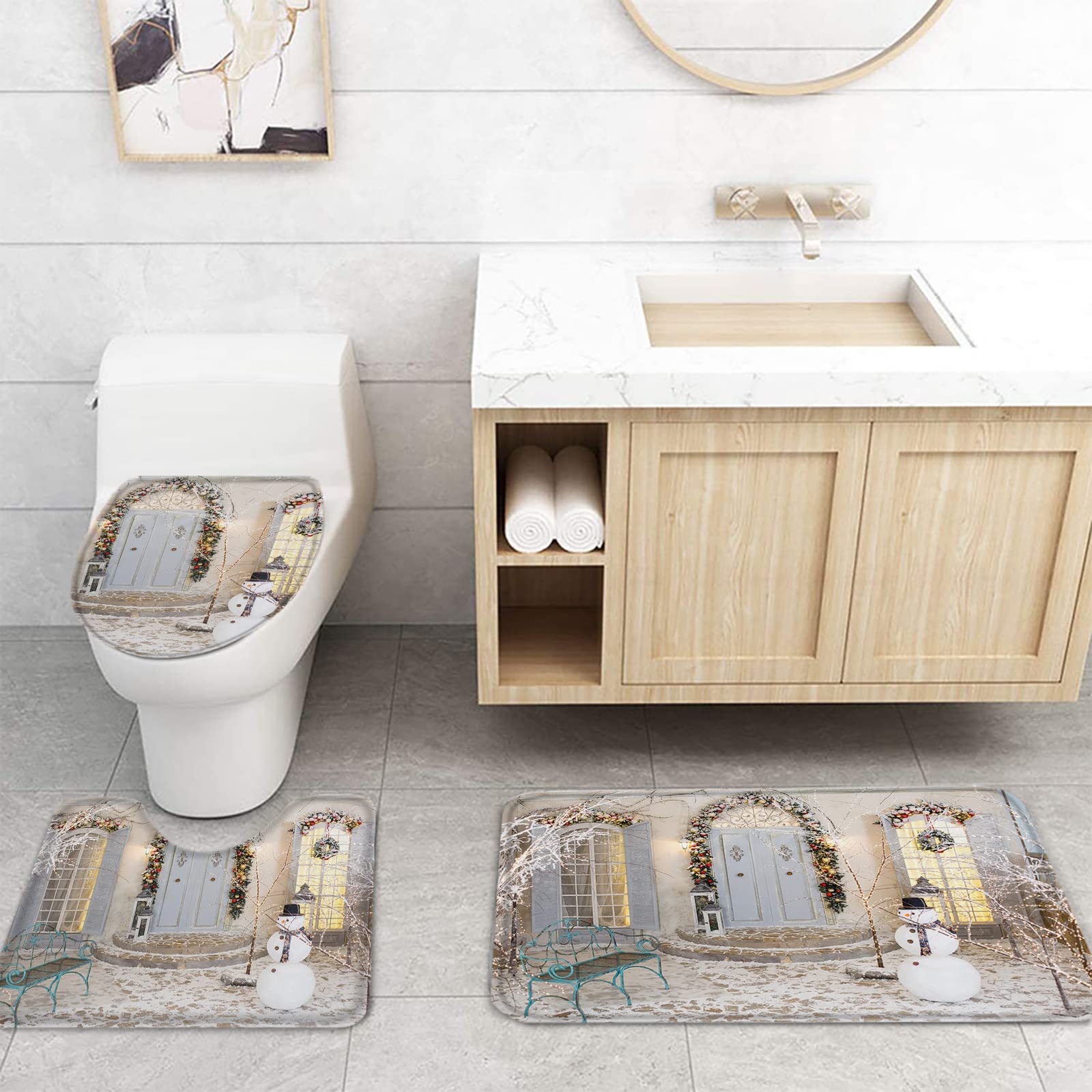 Set Bagno 4 Pezzi Natale Con Pupazzo Di Neve – Tenda Doccia, Tappeti E Copriwater Con Ganci Inclusi
