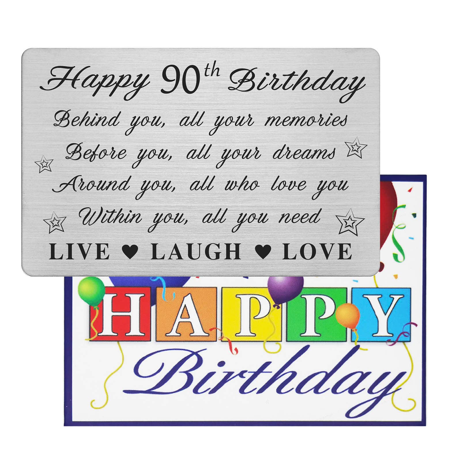 Personalisiertes 90. Geburtstagsgeschenk – Gravierte Metallkarte "Live Laugh Love", Kreditkartengröße (8,6 X 5,4 Cm)