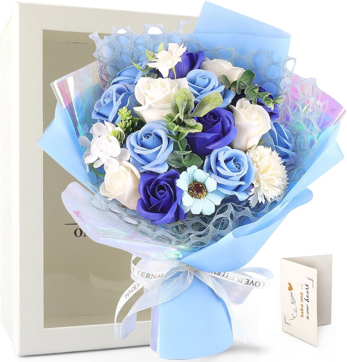 RERXN 薄い色、癒す花 フラワー(17輪) ソープフラワー フラワー 青 ソープフラワー 石鹸花 造花 バラ 花束 枯れない クリスマスプレゼント 退職祝い 開店祝い お花ギフト 誕生日 ギフトボックス メッセージカード付き (青い)