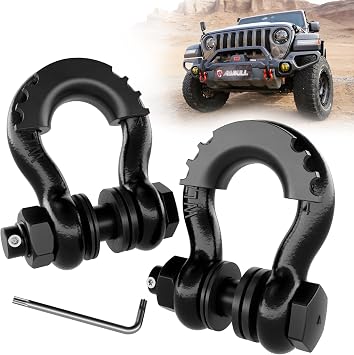 Shackles 3/4" D Ring Shackle 2 Pack 45,000Ib Break Strength with 7/8" Pin, Anti Theft Security Screws, Isolator & Washer Kits for Use with Tow Strap Winch Truck Vehicle Recovery Black