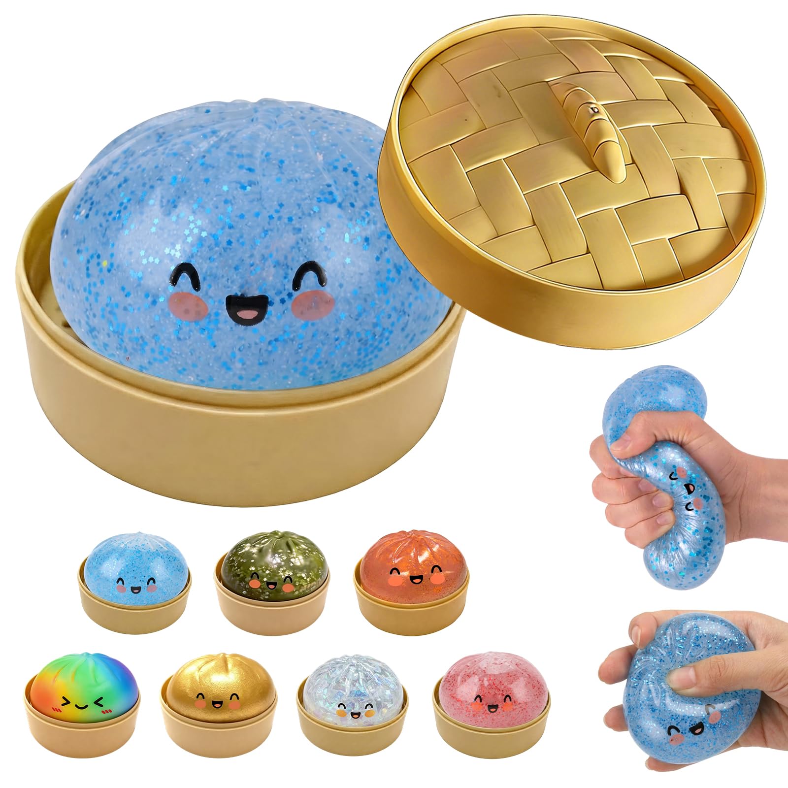 Glitter Dumpling Squishy, New Mystery Glitter Dumpling Squishies Box, Jumbo Squishy Toy with Steamer Box, Colorful Fidget Stress Balls, Soft Squeeze Decompression Dough Sensory Play Toy(Glitter White) — view 10