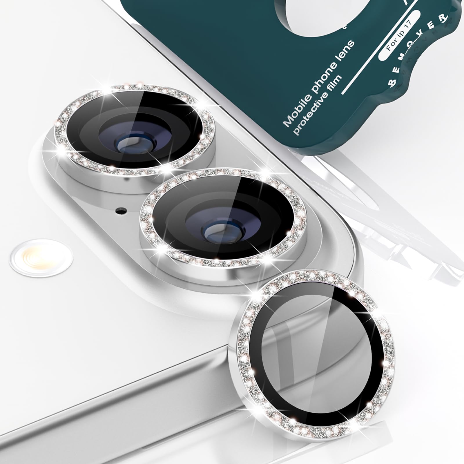 Protezione Obiettivo Per IPhone 17 Pro – 3 Pezzi In Vetro Temperato 9H E Alluminio, Effetto Glitter Argento