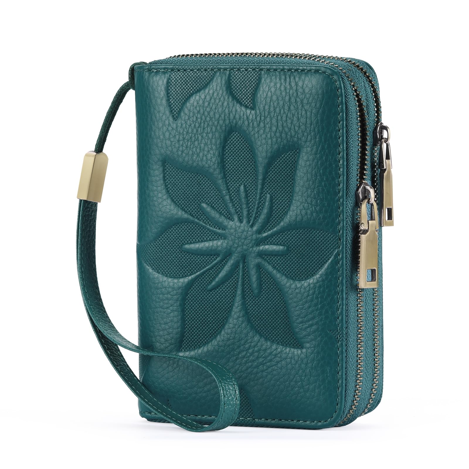 GOIACII Women's Wallet Double Zip Around Credit Card Holder Ladies Wallet Rfid Blocking Wristlet Purse Medium Size Leather Teal