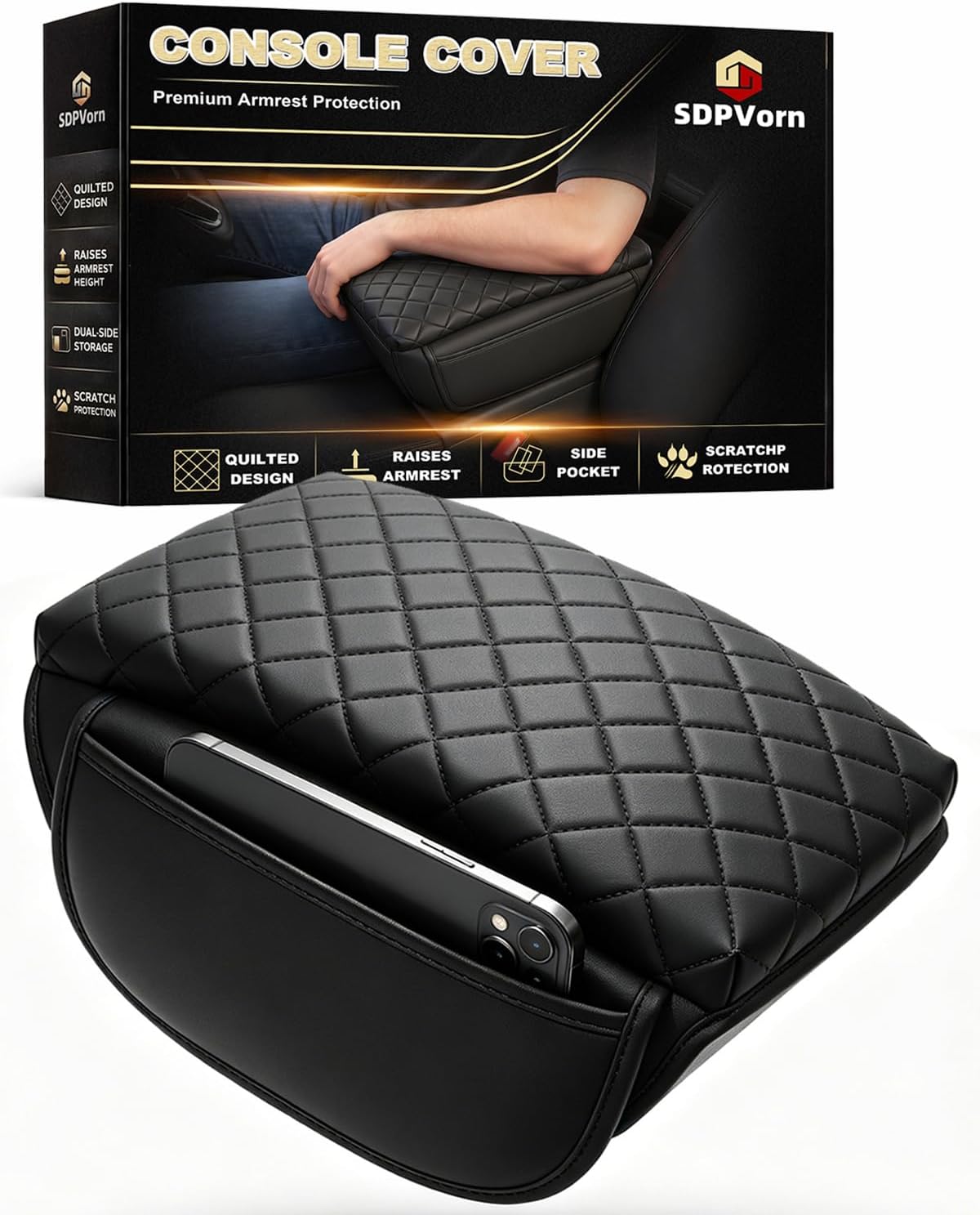 Armrest Cover for Jeep Wrangler JL Center Console Pad with Organizer Storage Pockets, Black Faux Leather Arm Rest Lid Cushion Accessories (2018-2026 Wrangler JL/Gladiator JT)