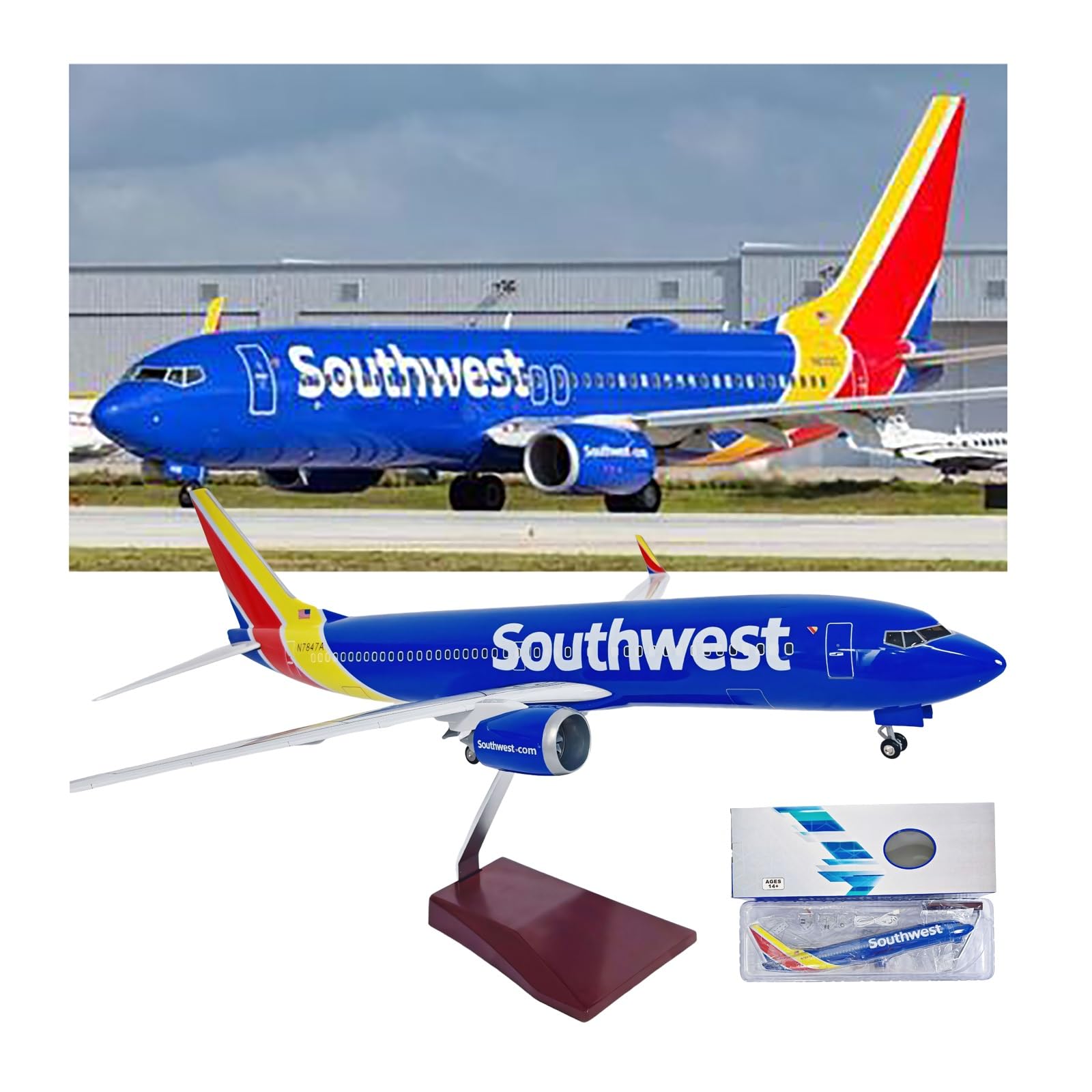 Modello simulazione lega solida Southwest Airlines B737 47 cm con carrello atterraggio retrattile, ruote girevoli luci, pezzo collezione for appassionati aviazione(No light)