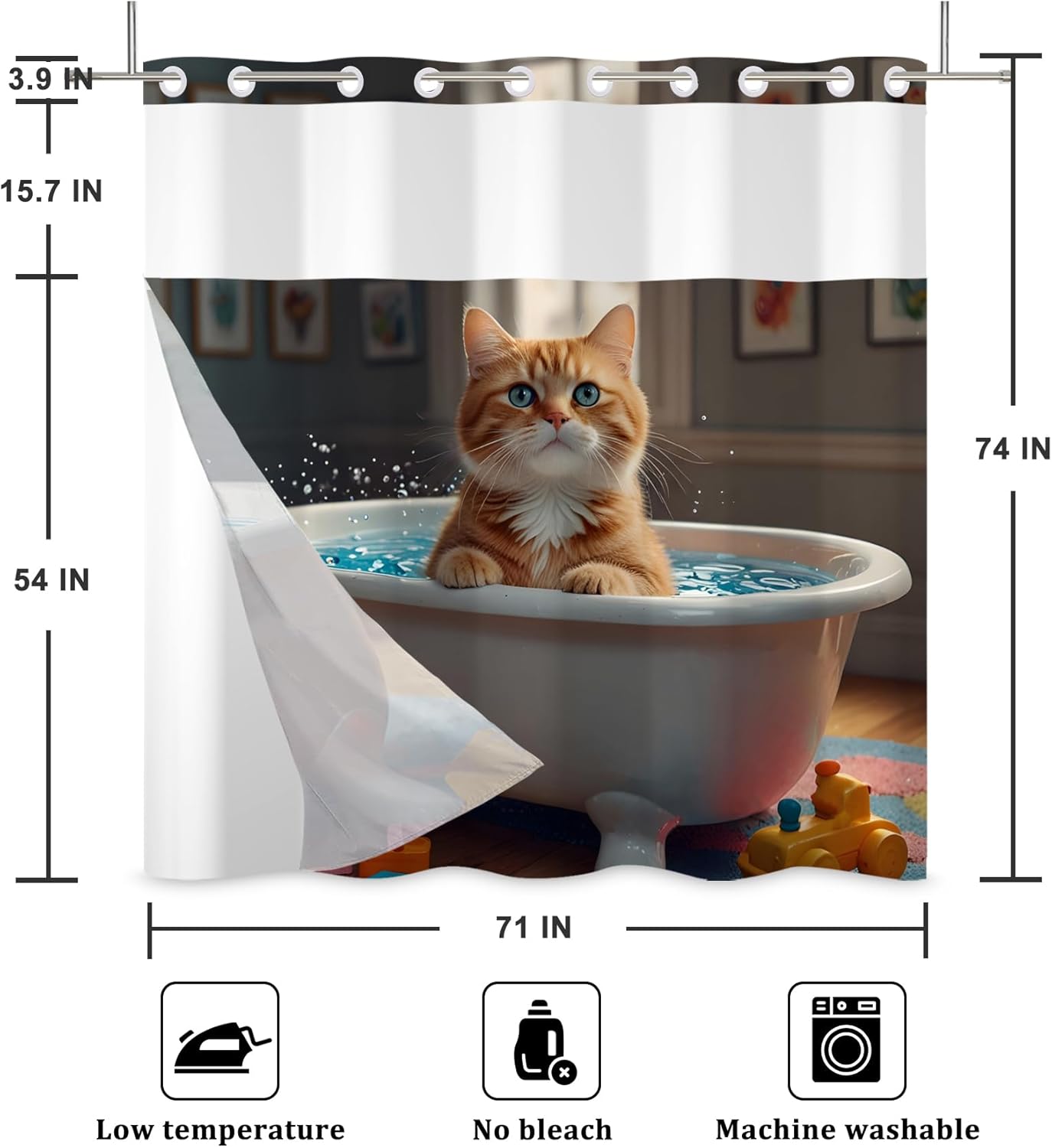 Baocicco No Hook Cute Cat Shower Curtain with Snap in Fabric Liner Set Pet Animals in Bath Kids Double Layer Bathtubs Hotel Curtain Set See Through Top Window Open Grommet Bath Curtains 71x74 Inch