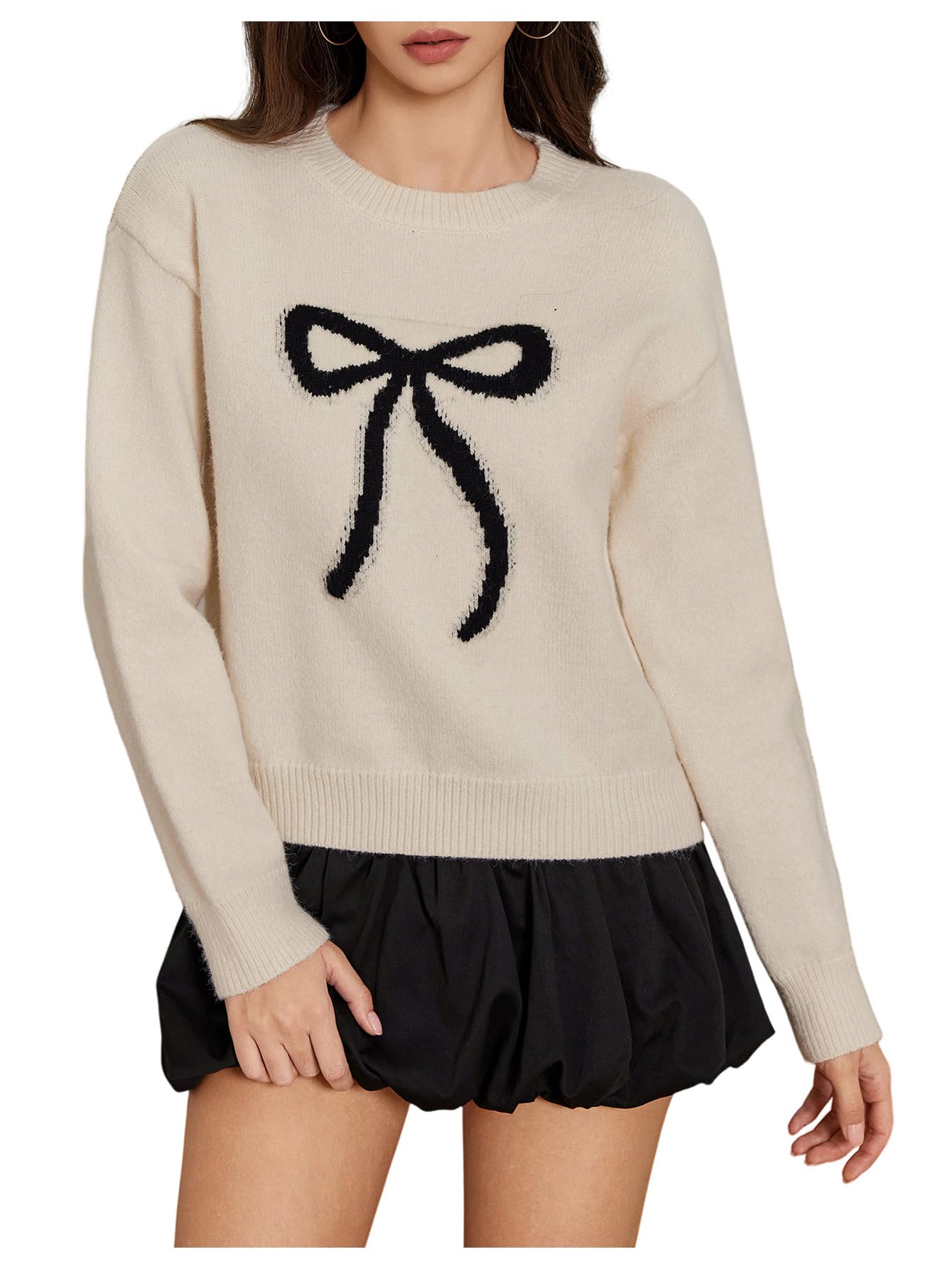Verdusa Womens Bow Cozy Sweater Crew Neck Pullover Knit Tops Preppy Fall Clothes
