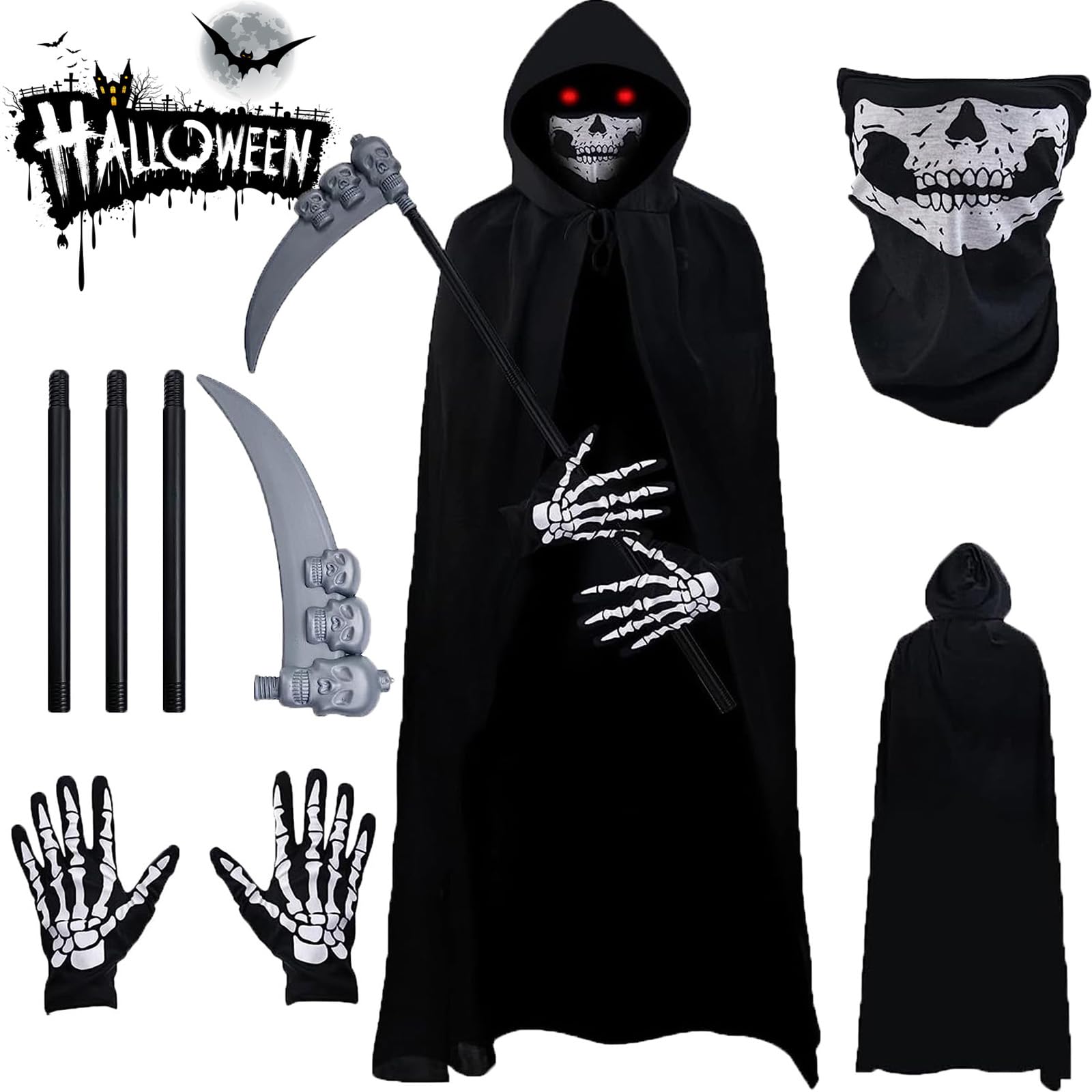 APPCRFM Costume Morte Nera Completo Halloween – Mantello, Maschera, Guanti E Falce Per Un Look Da Paura - 2