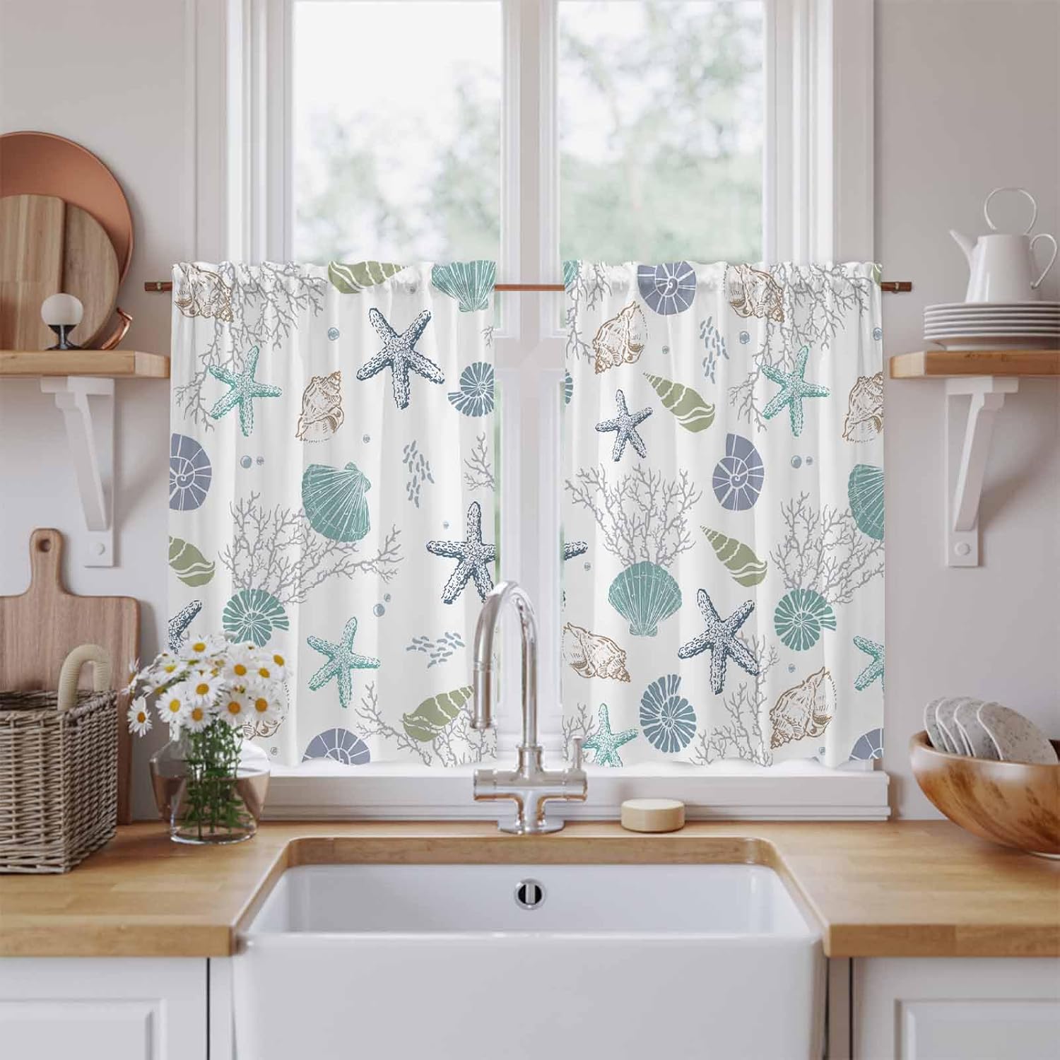 Coastal Starfish Kitchen Curtains 45 Inch Long 2 Panel Set, Rod Pocket Window Treatment, Ocean Coral Shell Beach Marine Life Light Filtering Panels Short Drapes for Bathroom Camper 42"W x 45"L