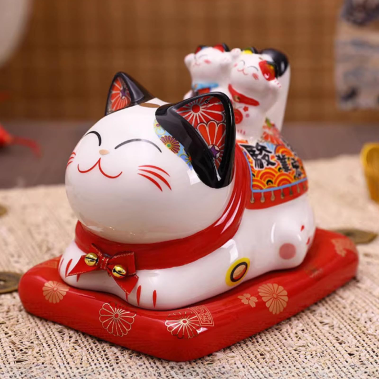 Cendrier Maneki Neko chat de la chance noir original de table 15cm