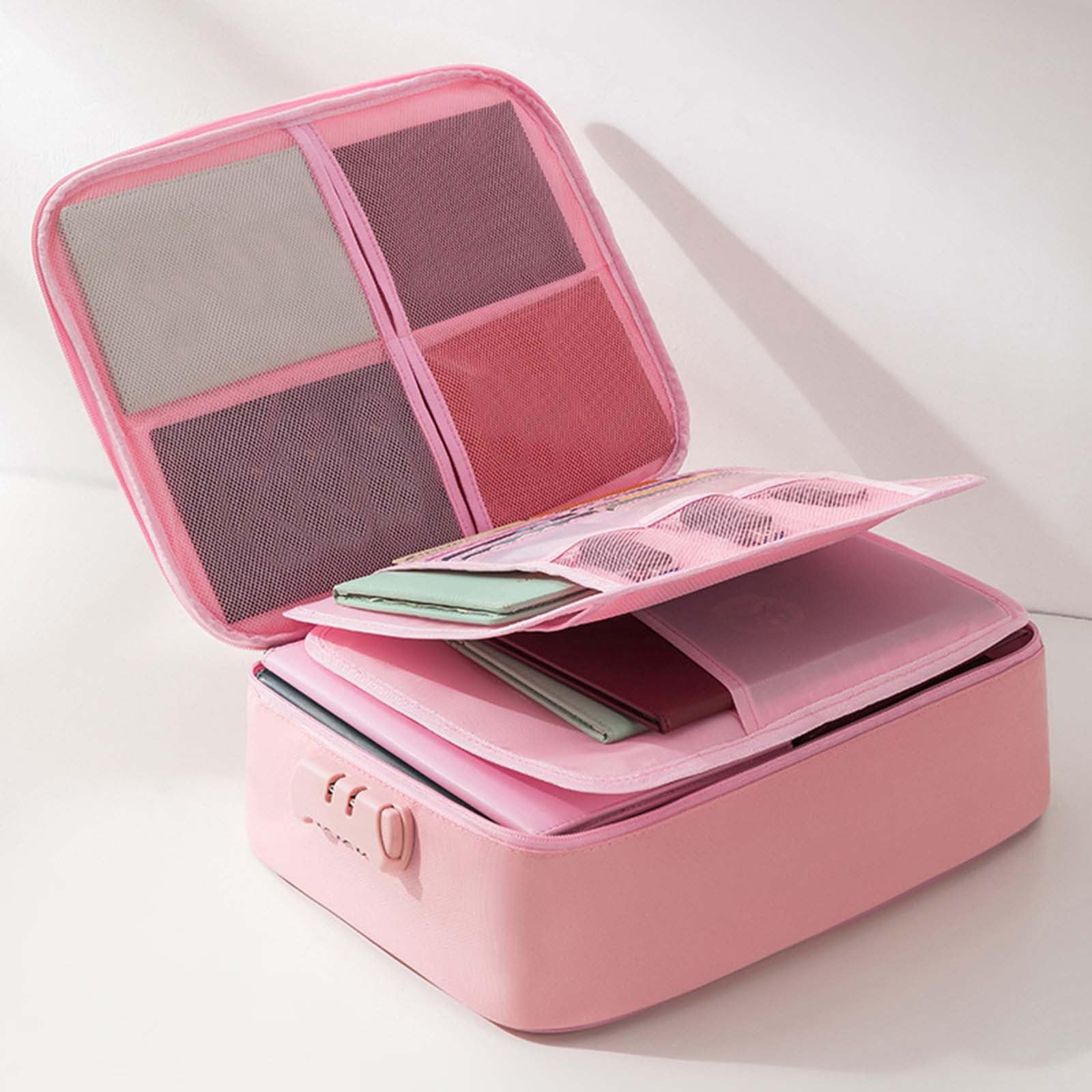 Fireproof Document Box, Waterproof File Organiser Box, Safe Portable Home Fire Lockable Storage Boxes, Collapsible Travel Document Holder, File Storage Boxs with Inserts Bags and Zipper (Pink)