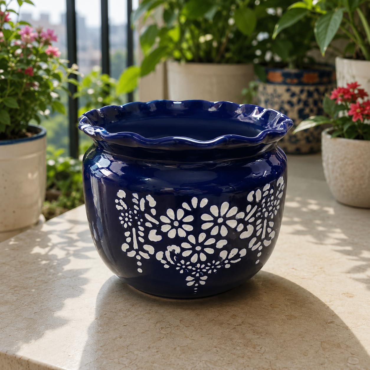 Niyara Designer Ceramic planters pots for Indoor Outdoor Home, Garden Office Decor Balcony Planters Gamla Flower Size- Large, 8 inches (White Floral Print)-image-14