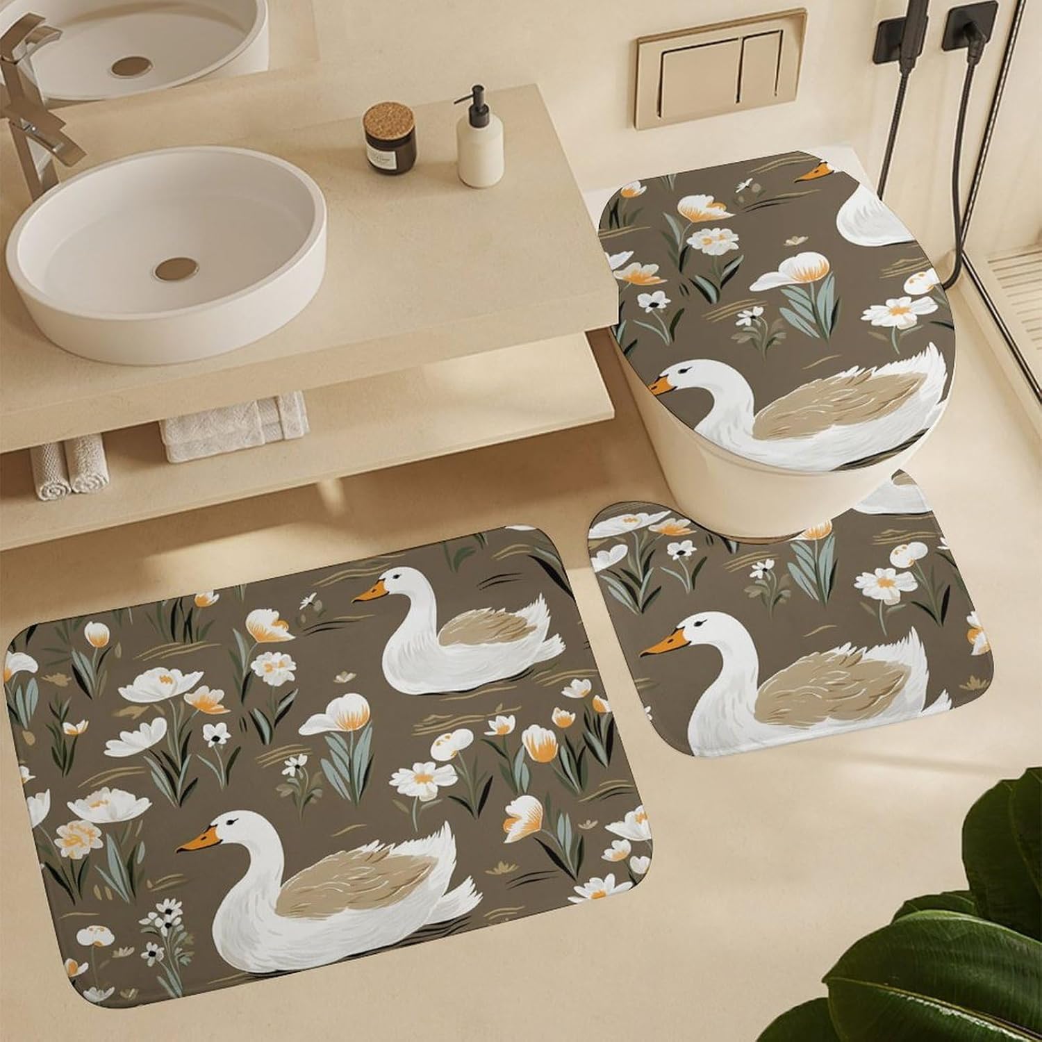 Four Piece Bathroom Set with Toilet Lid Cover and Non-Slip Rugs Minimalist Shower Curtain for Bathroom Set