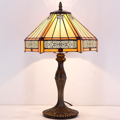 Miniatura 5 de WERFACTORY Tiffany - Lámpara de mesa hexagonal amarilla estilo misión de vitral, lámpara de mesa de escritorio, luz de lectura de 12 x 10 x 18