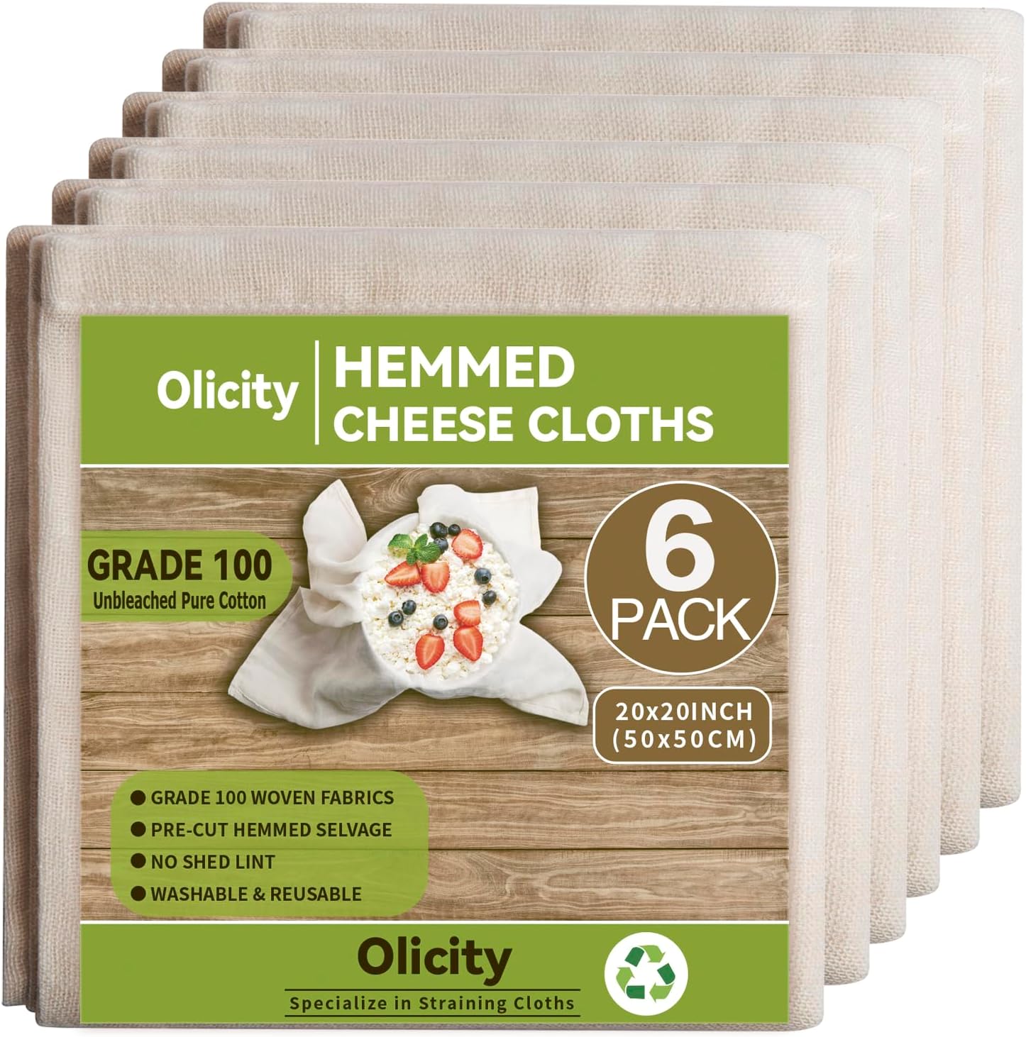 Olicity Cheese Cloths, 6Pack, Grade 100,20x20Inch Hemmed Cheese Cloth Fabric Reusable Fine Mesh Cloth, 100% Cotton Unbleached Precut Muslin Cheesecloth for Straining, Cooking, Yogurt, Juicing