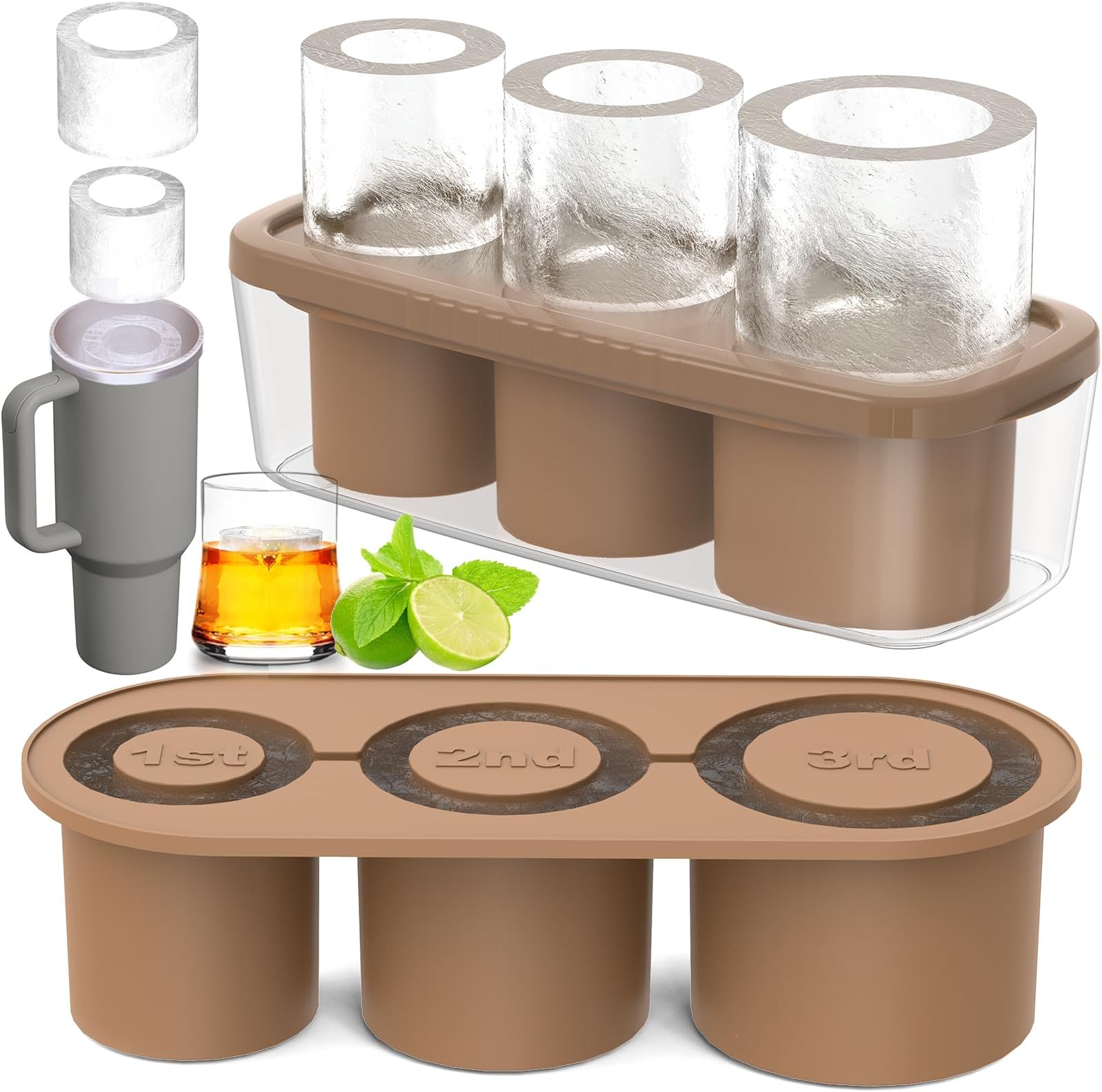 Ice Cube Tray Compatible with Stanley Cup, 3 Pcs Silicone Cylinder Ice Mold with Lid and Bin for Freezer, Ice Drink, Juice, Whiskey, Cocktail, Summer Gifts (Brown), ST-01