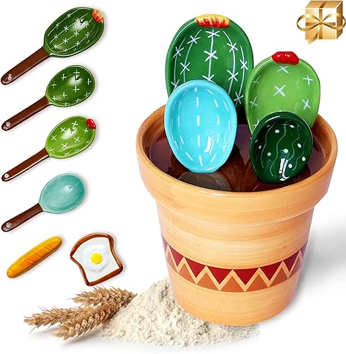Sirensky Juego de cucharas medidoras de cactus, taza medidora de cactus y cucharas con soporte y soporte para cucharas, bonitos accesorios de cocina