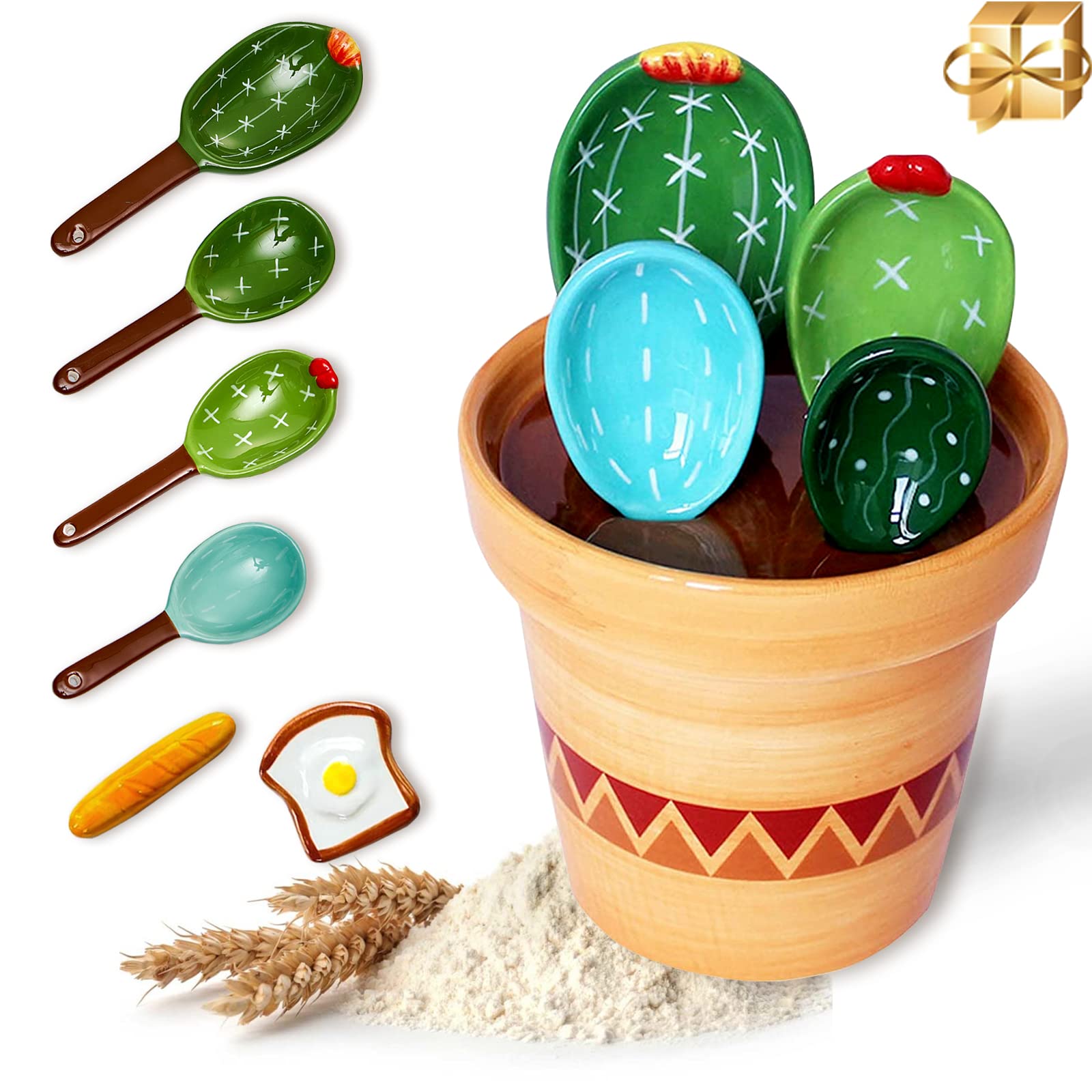 Sirensky Cactus Measuring Spoons Set,Cacti Measuring Cup and Spoons with Holder and Spoon Rest,Cute Kitchen Accessories for Baking,Salt,Sugar(Set of 7)
