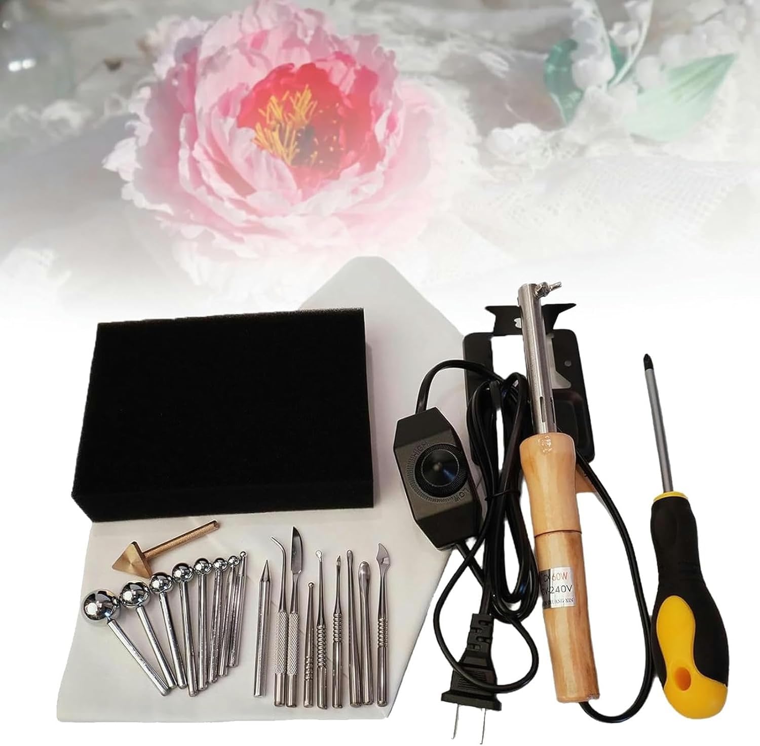 Electric Fabric Flower Maker, with 18 Ironing Heads Artificial Flower Ironing Machine, Adjustable Temperature, DIY Cloth Fabric Flower Making Tool Set, Artificial Flower Ironing Machine