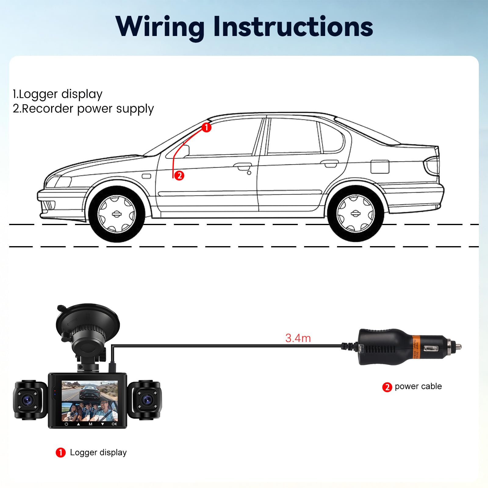 Caméra Embarquée 3 Canaux Full HD 1080p avec 3 Caméras, écran 2,4 Pouces, Enregistrement en Boucle, Détection de Mouvement Mode Parking pour Tous Véhicules Enregistreur de Trajet DVR pour Voiture
