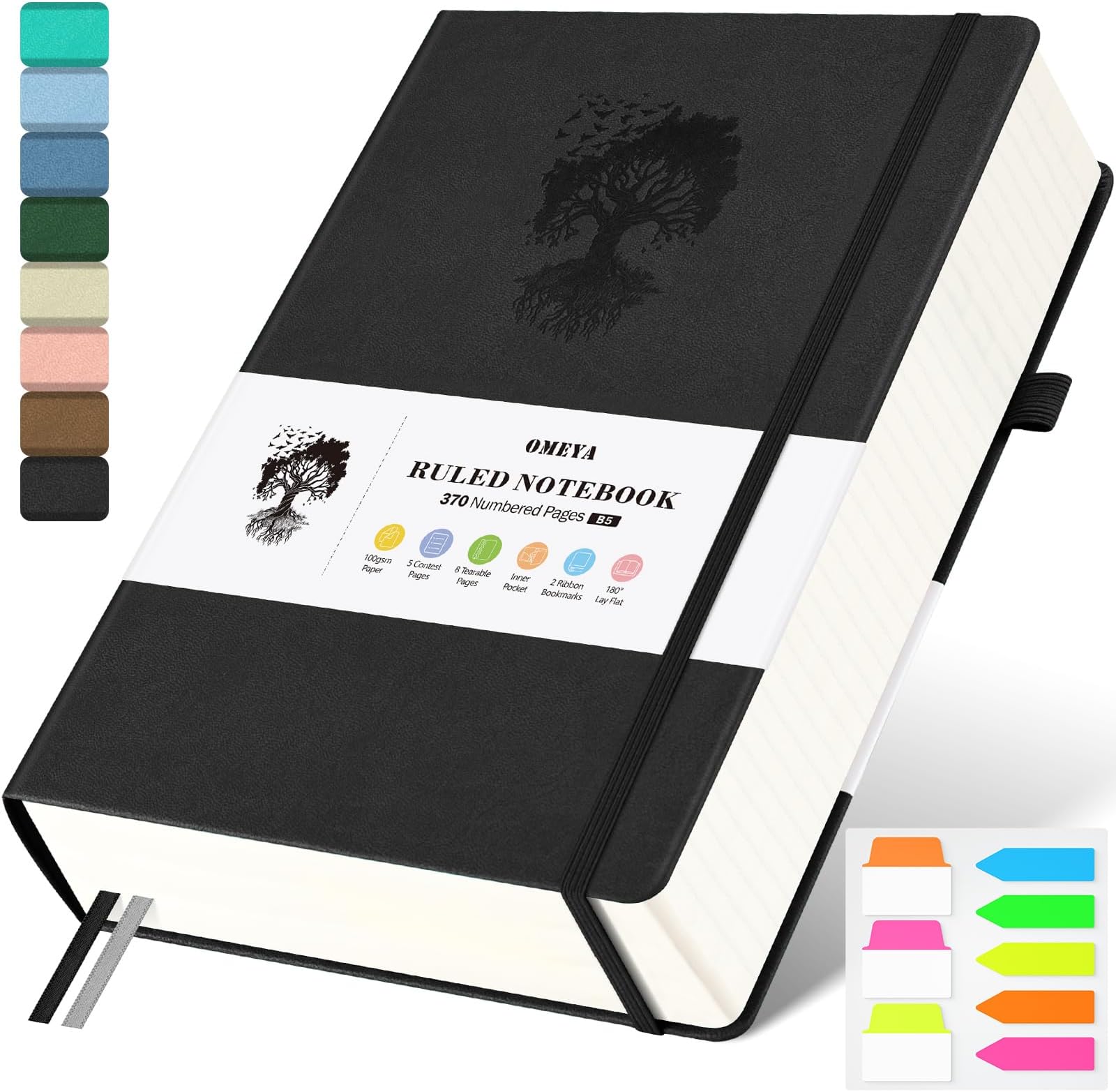 B5 Lined Journal Notebook, 370 Numbered Pages Thick Leather Journal for Writing, College Ruled Hardcover Notebook for Work,School with 100gsm Paper, Writing Journal for Women, Men (7.6" x 10.3" Black)