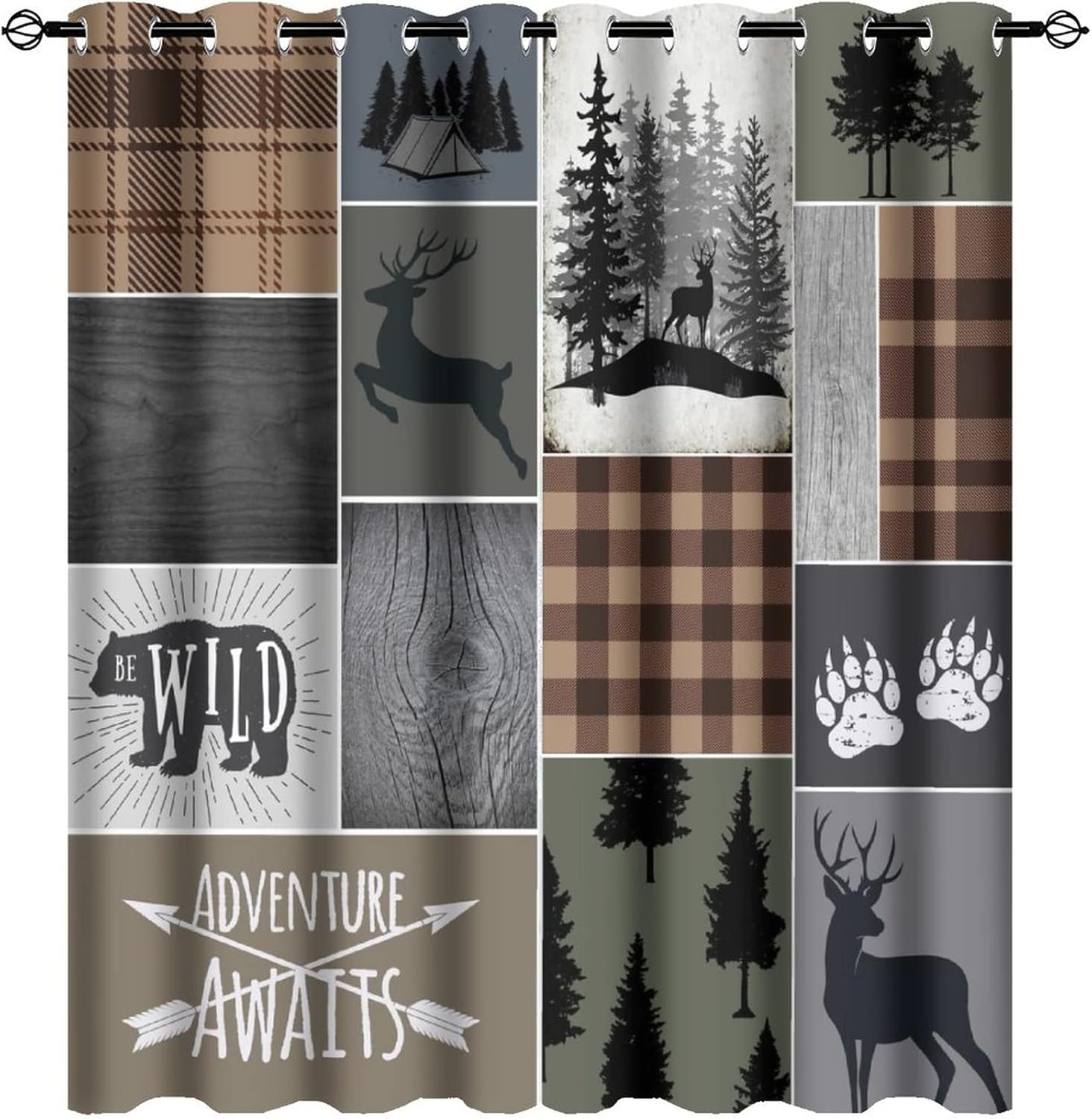Retro Cabin Bear Deer Room Darkening Blackout Window Curtains with Grommets,Country Farmhouse Hunting Theme Wildlife Plaid Check Lodge Energy Efficient Window Treatment 2 Panels 63L x 27.5W