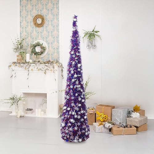 Miniatura 8 de Árbol de decoración del 4 de julio, árbol de Navidad patriótico desplegable, árbol de Navidad de oropel de 5 pies, adornos de estrella de