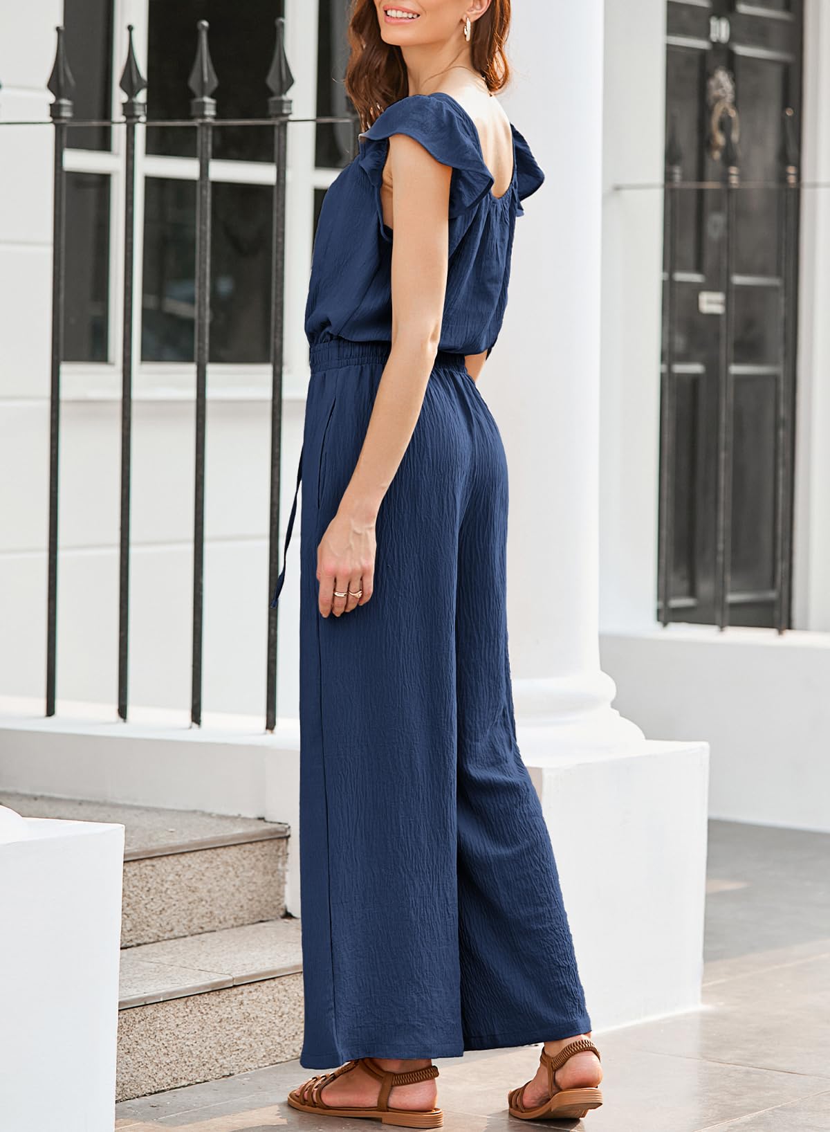 Dokotoo Jumpsuit Damen Sommer Musselin Overalls Elegant Rüschenärmel Hosenanzug Weites Bein Playsuit Lang Romper mit Kordelzug S-2XL