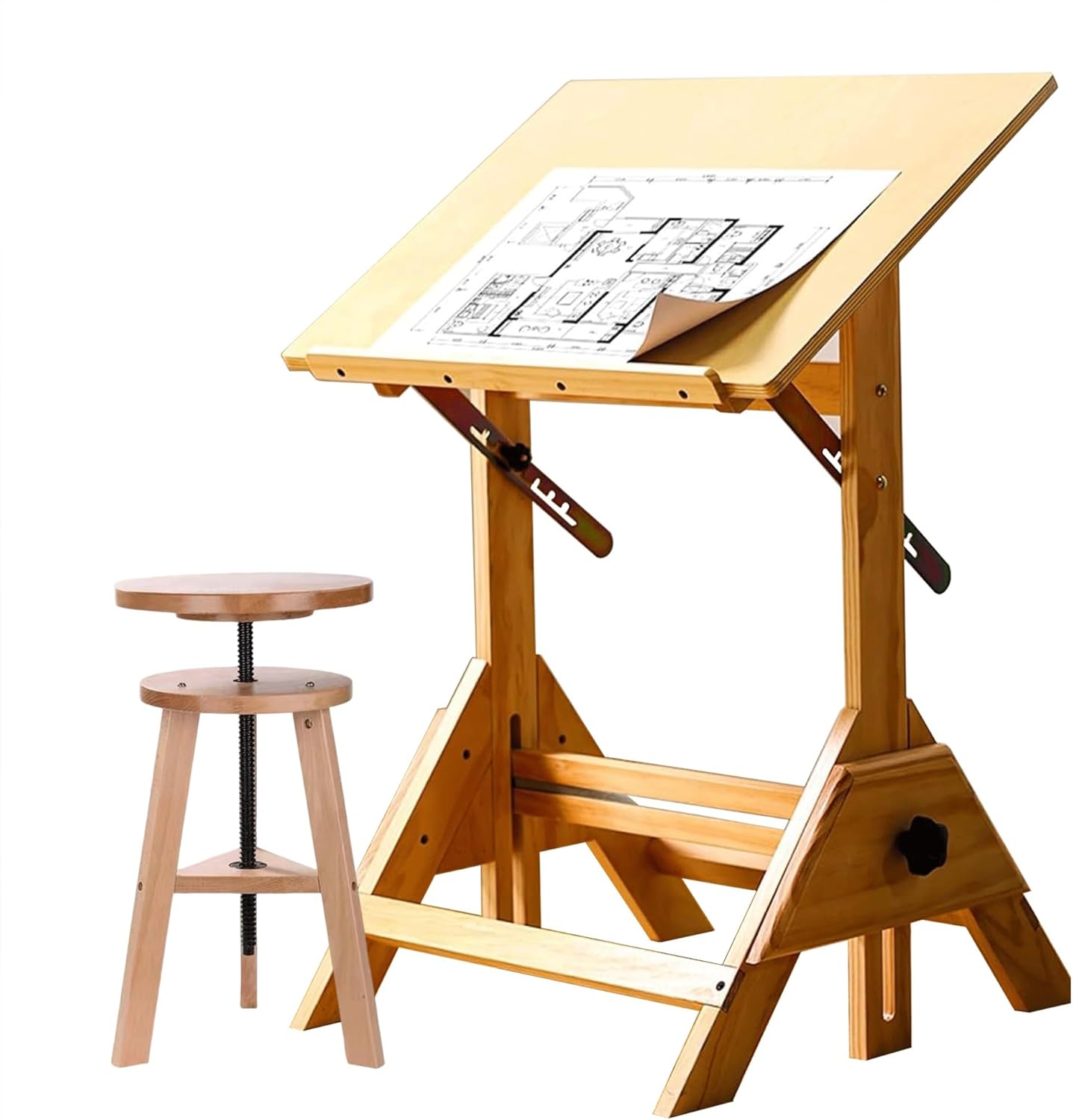Drafting Table Art Desk for Adults - Solid Wood Drawing Table with Adjustable Angle & Height, Includes Stool - Ideal for Graphic Design, Reading, Studio & Study