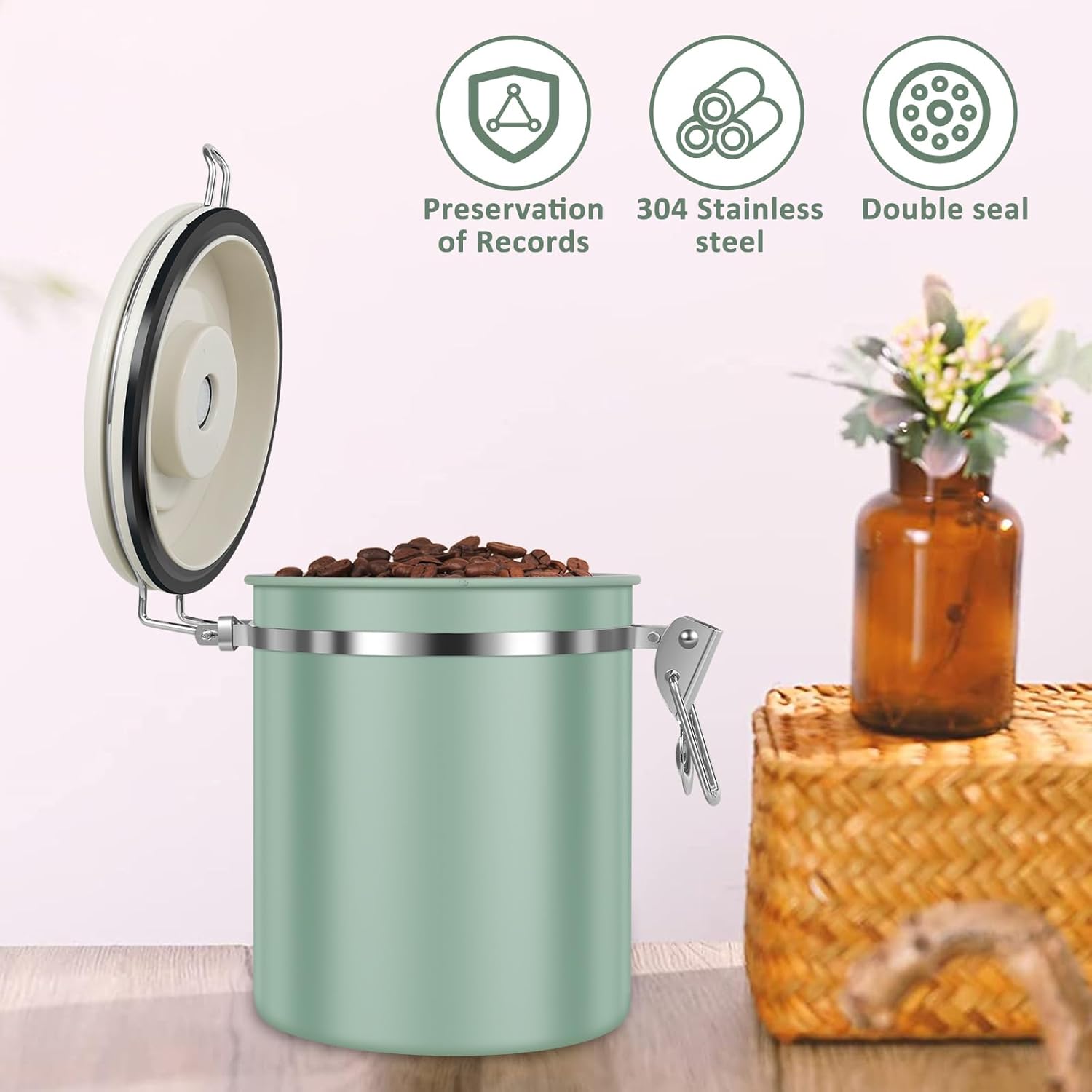 3PCS Coffee Storage Canister,1.5L 51OZ Double Airtight Coffee Beans Container with Date Locator,304 Stainless Steel Kitchen Food Storage Container with Spoon,for Coffee Beans Grounds Tea Sugar
