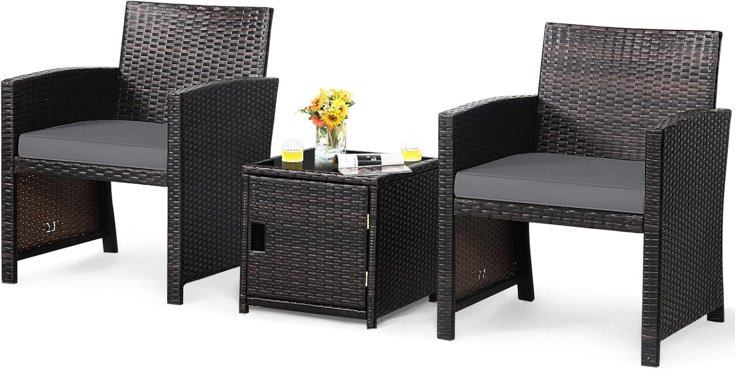 HAPPYGRILL 3 Piece Outdoor Bistro Set, PE Wicker Patio Conversation Set with Side Storage Table with Door, Soft Cushions and Protective Cover, Outdoor Sofa and Table Set