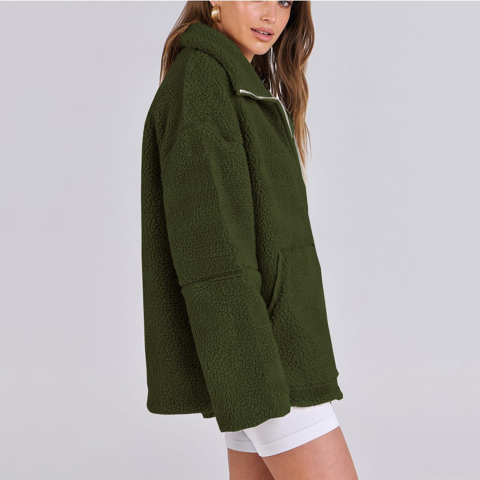 Generisch Fleecejacke Damen Ohne Kapuze Winterjacke Elegant Teddyjacke Winter Warm Plüschjacke Einfarbig Plüschmantel Langarm Flauschjacke Mit Taschen Jacke Mit Reissverschluss Damenjacken Kuschelig