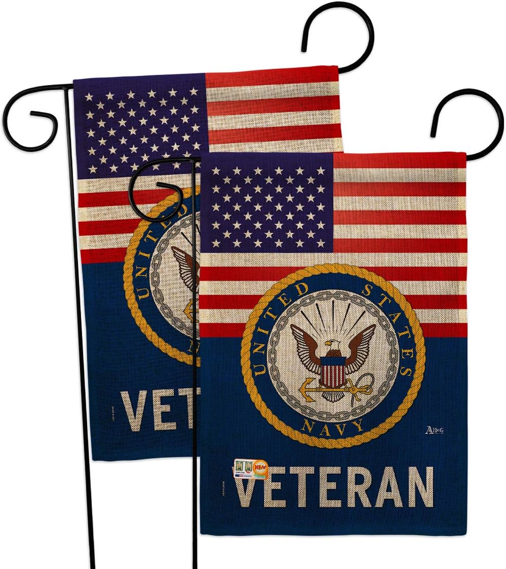 US Navy Veteran Burlap Garden Flag - 2pcs Pack Armed Forces USN Seabee United State American Military Retire Official - House Decoration Banner Small Yard Gift Double-Sided Made in USA 13 X 18.5