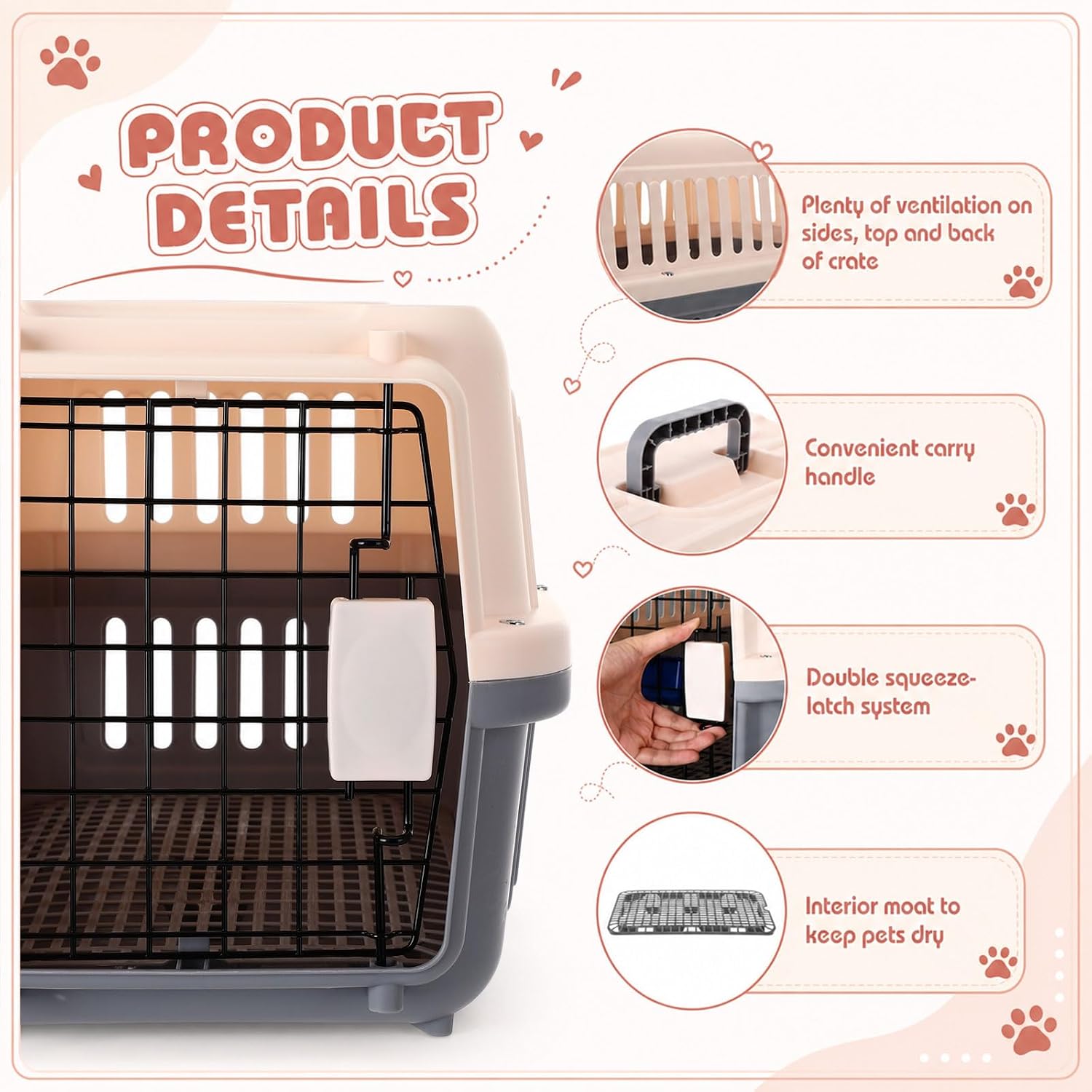 2 Set 19" up to 16.5lbs Travel Pet Carrier for Small Cat Dog Plastic Hard Shell Carrier with Bowl Wire Door Grille Mat Portable Breathable Security Lock Kennel for Travel Airline(Pink)