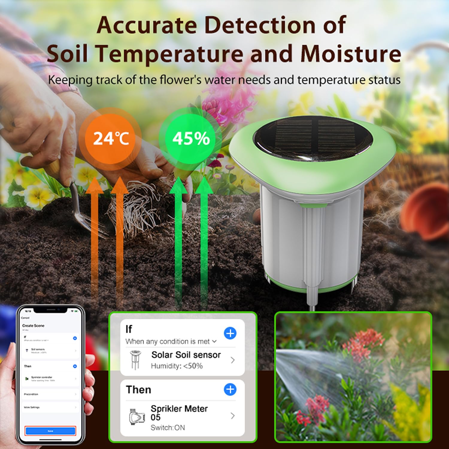 Solar Powered Soil Moisture & Temp Sensor WiFi/Bluetooth No Gateway Required | IP65 Waterproof Indoor/Outdoor Plant Monitor | Compatible with Alexa & Tuya Smart Life | Garden, Farm Hygrometer