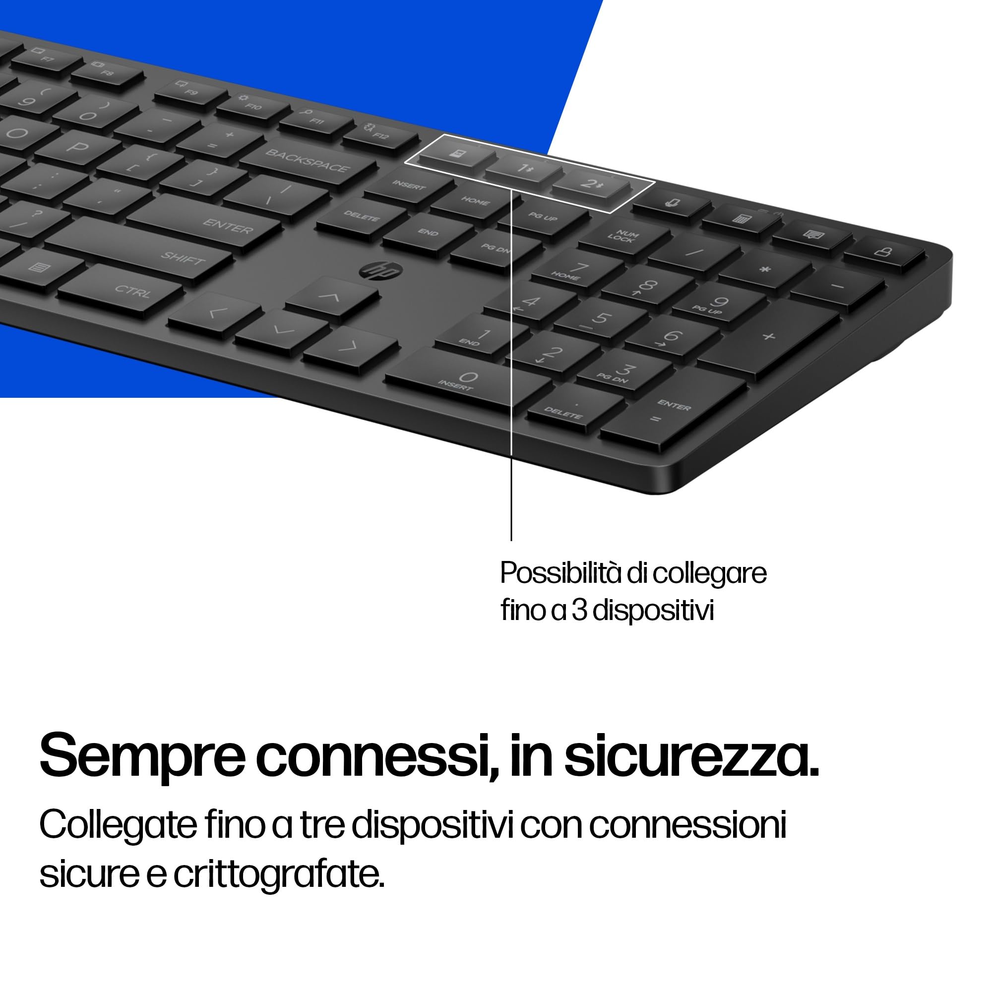 HP 490K Tastiera Wireless Multidispositivo, Connessione Bluetooth e USB, Tasti Silenziosi e Programmabili, 22 Tasti, Tasto Copilot, Compatibile con Windows, macOS, iOS, Android, QWERTY Italiano, Nero