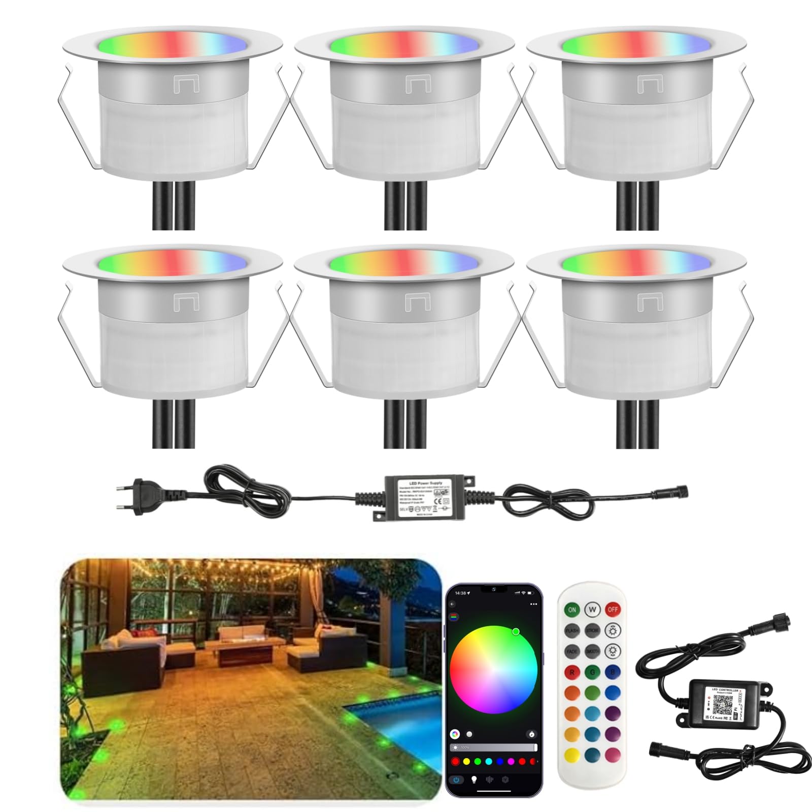 Faretto da incasso per pavimento, impermeabile IP67; diametro: 31 mm. Illuminazione per terrazza, patio, sentieri, muri, giardini, decorazioni da interno ed esterno, Rgbw + Wifi Contrôleur, 6 pièces
