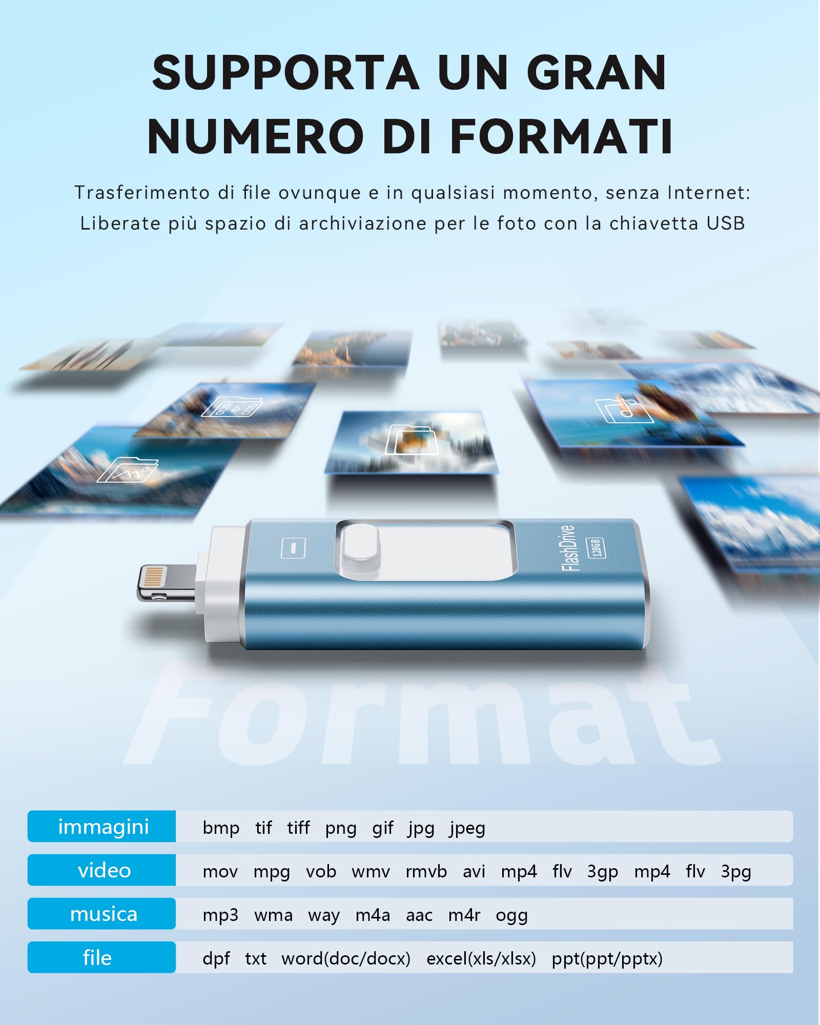 ROSPE Chiavetta USB 256GB per iPhone Certificata MFi – Memoria Esterna Lightning USB 3.0